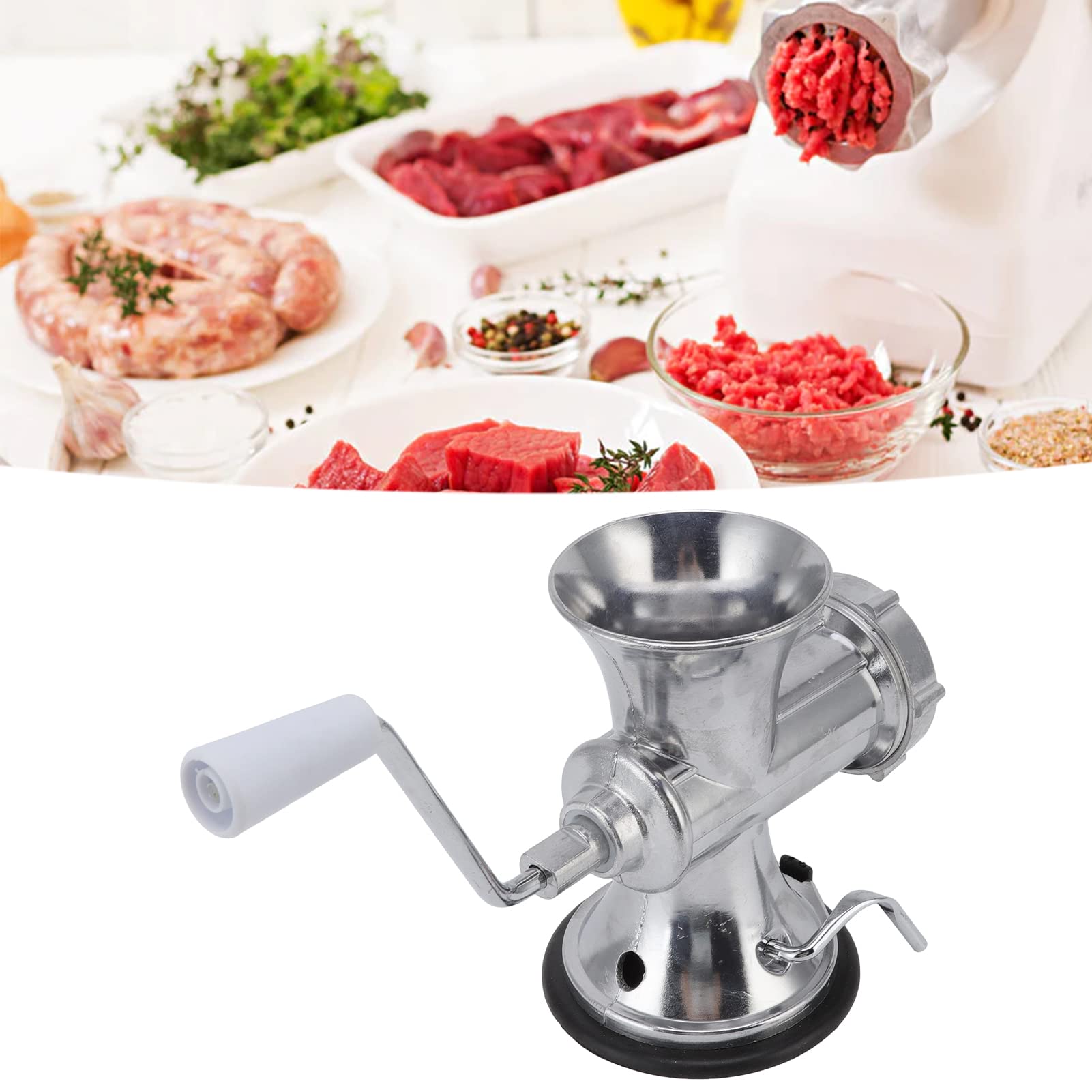 Stainless Steel Manual Meat Grinder - Heavy Duty Aluminum Alloy Sausage Maker with Suction Cup Base | Perfect for Home Kitchen, Camping & Outdoor Cooking | Silver