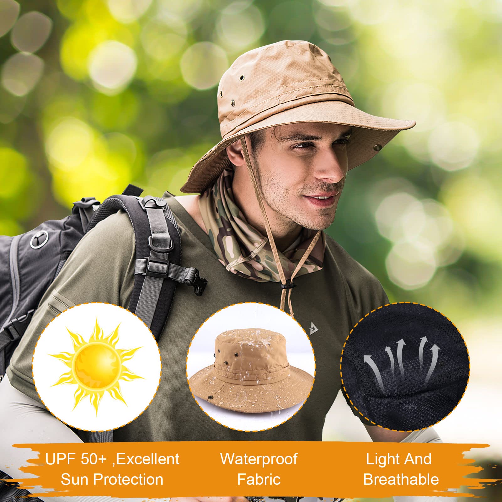 Wide Brim Sun Protection Fishing Hat - Breathable Safari & Boonie Hat for Men - Perfect for Hiking, Fishing & Outdoor Adventures