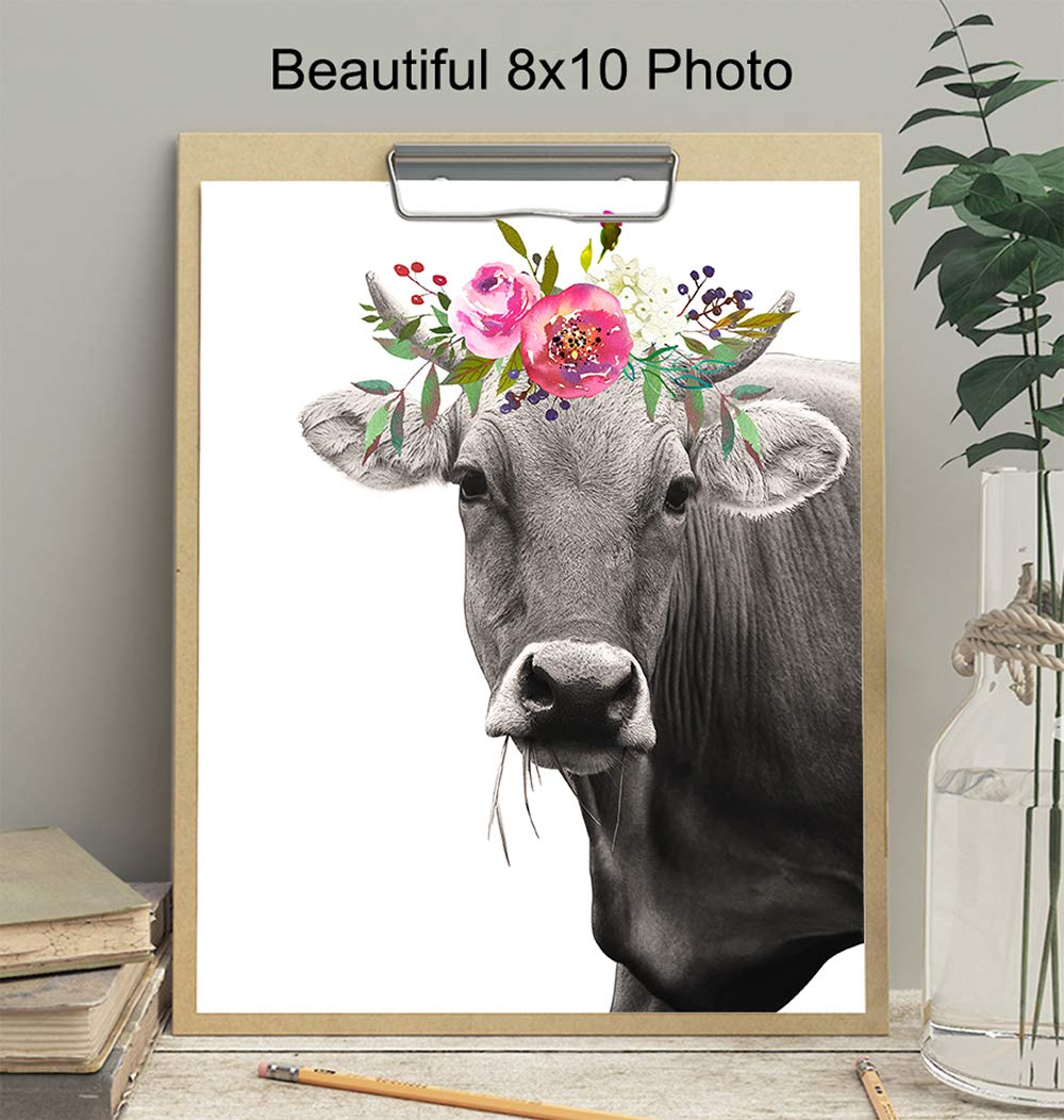 Farmhouse Cow Wall Art with Flowers - Rustic Home Decor for Bathroom, Bedroom, Kitchen, Dining & Living Room - Unframed Picture Poster - Perfect Gift for Women & Farmhouse Lovers - Ideal for Country Style Home Decor