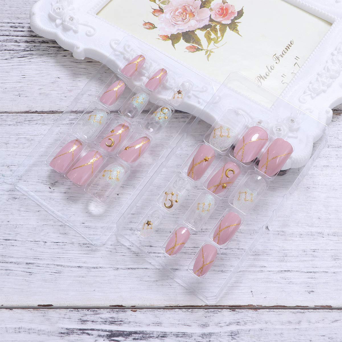 FRCOLOR 24Pcs Pink Glossy Full Cover Press On Nails - Glitter Fake Nails with Moon & Star Design for Wedding, Party, Prom & Special Occasions | Easy to Apply & Reusable Artificial Nails for Women & Girls