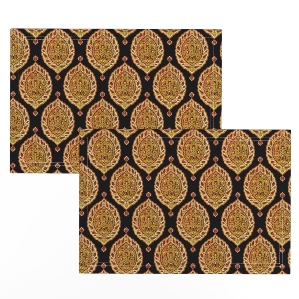 Premium Linen Cotton Canvas Placemats Set of 2 - Vintage Persian Paisley Brocade Print, Black Traditional Table Mats for Dining Room Decor, Holiday Dinner Parties & Elegant Home Entertaining
