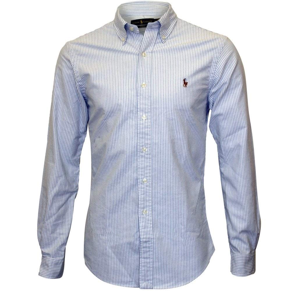 Ralph Lauren Men's Slim-Fit Oxford Button Down Shirt - Classic Blue & White Striped Dress Shirt for Business Casual & Office Wear (Large)