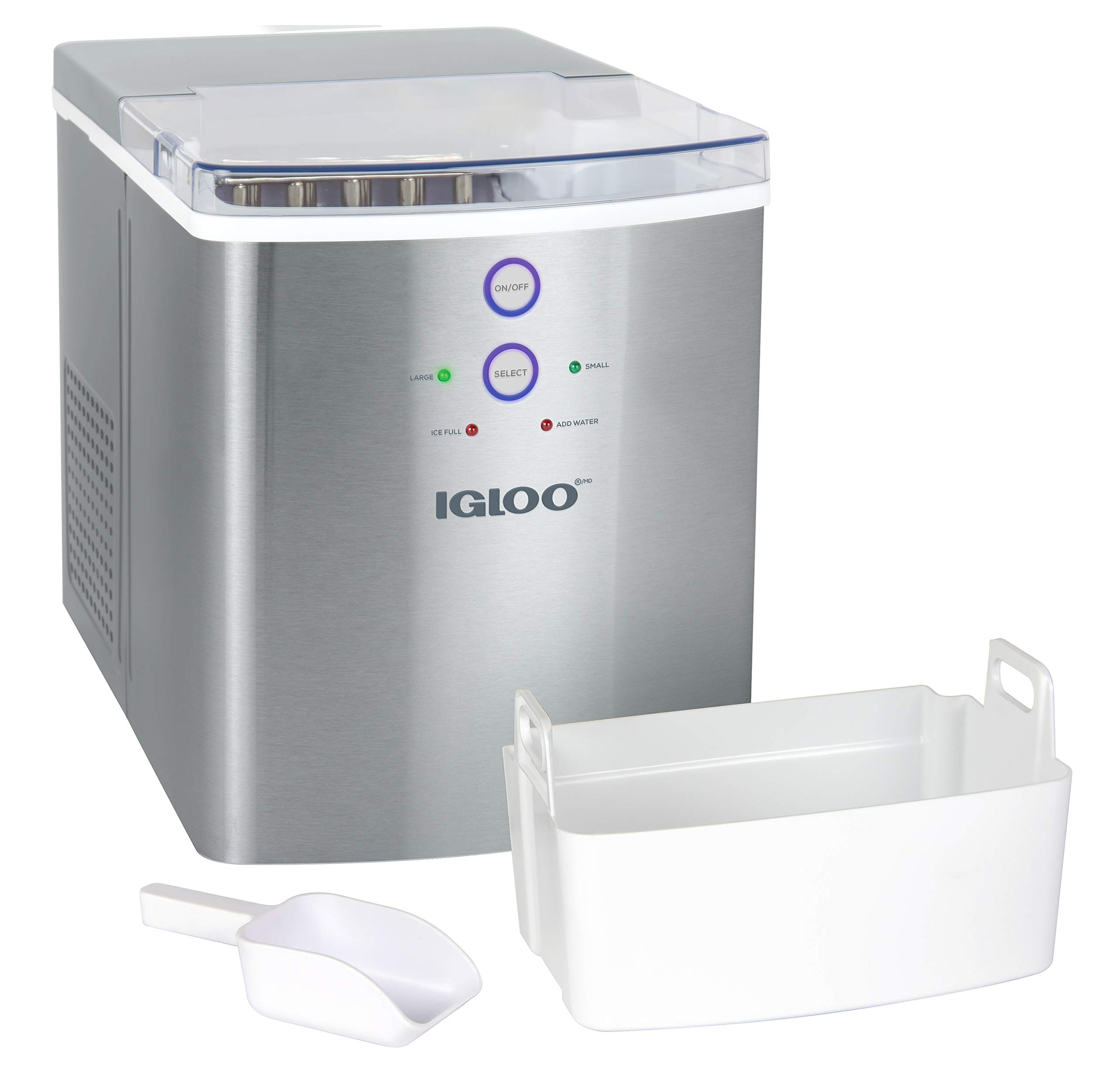 Igloo Electric Countertop Ice Maker Machine - Automatic Portable Ice Cube Maker - 33 lbs in 24 Hours - Includes Plastic Scoop & Basket - Perfect for Iced Coffee, Cocktails, Parties & Outdoor Events - Stainless Steel Design