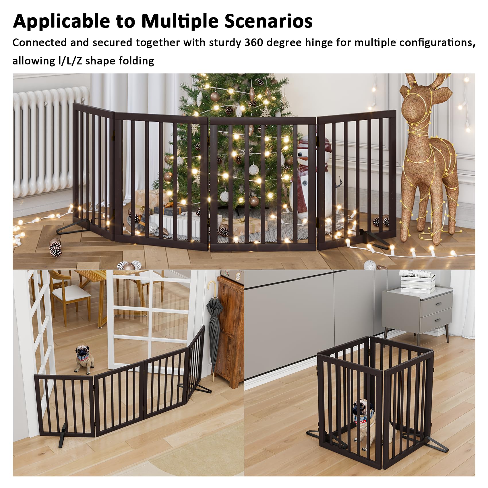 Foldable Wooden Dog Gate - 4 Panel Freestanding Pet Fence for Indoor Use, Extra Wide 24in Height with 2 Support Feet | Perfect for Doorways, Hallways & Stair Safety
