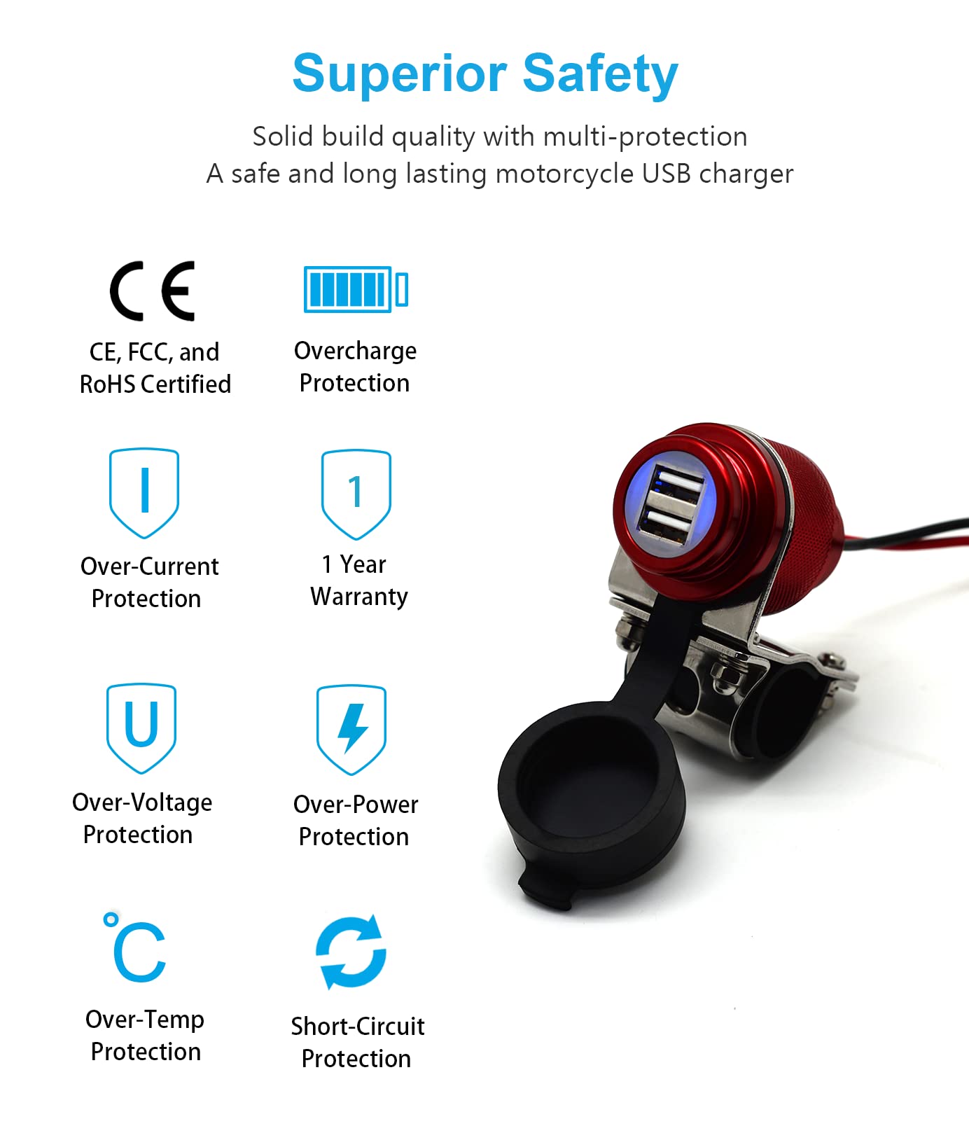 Waterproof Motorcycle USB Charger - Dual Port 4.6A 23W Aluminum Alloy - Fits 7/8