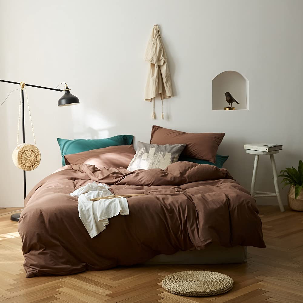 HMGOLD Chestnut Brown Duvet Cover King Size - Jersey Knit Cotton Bedding Set in Solid Mocha Color - 3 Piece Modern Bedding Collection (1 Duvet Cover + 2 Pillowcases) - Soft & Breathable for All-Season Comfort - Perfect for Master Bedroom, Guest Room & Cozy Home Decor