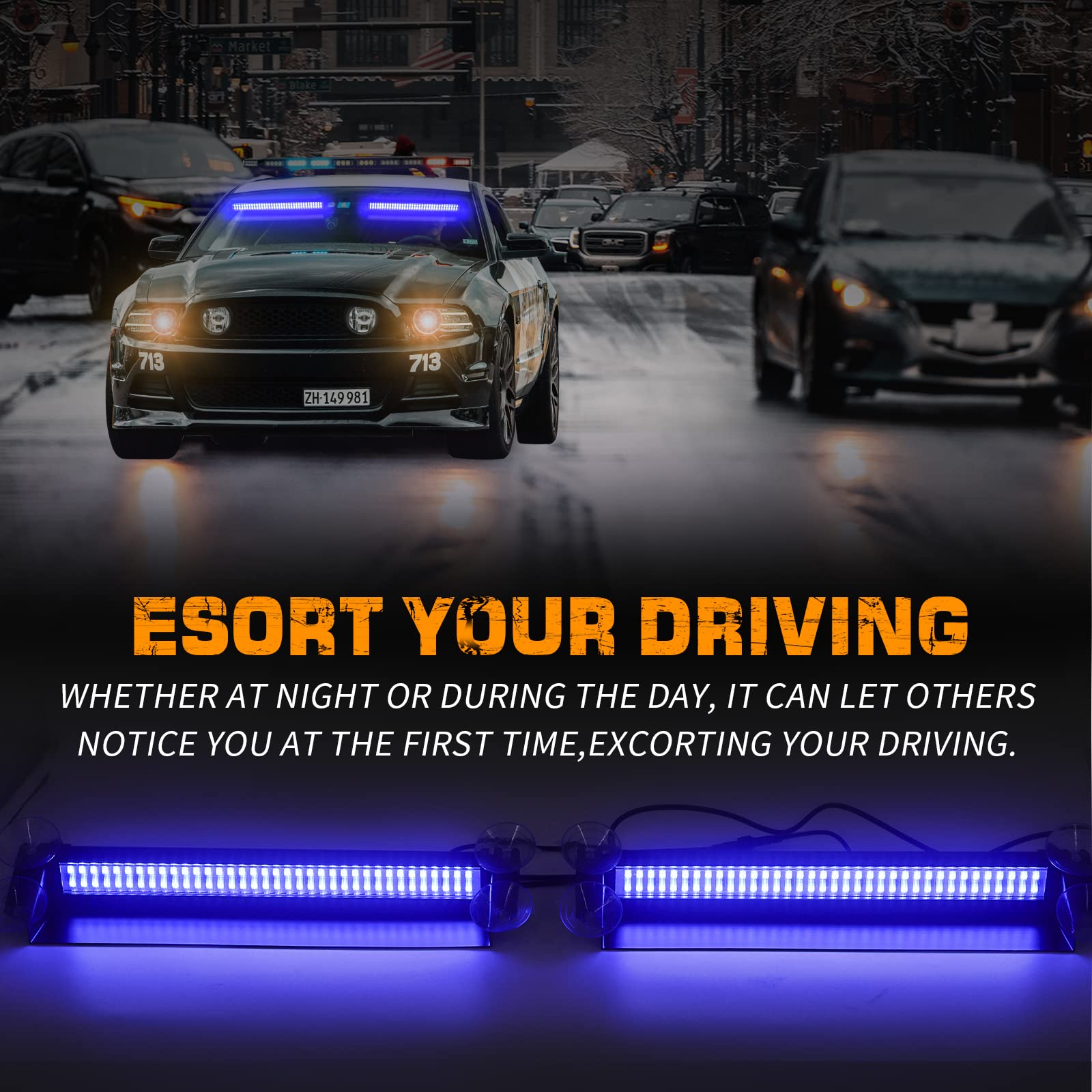 XRIDONSEN 144 LED Blue Emergency Dash Lights - 2x14 Inch Hazard Warning Strobe Lights for Firefighter, Police, and Truck Vehicles - Interior Front/Rear Windshield Split Mount - Ideal for Emergency Response, Roadside Assistance & Safety Scenarios