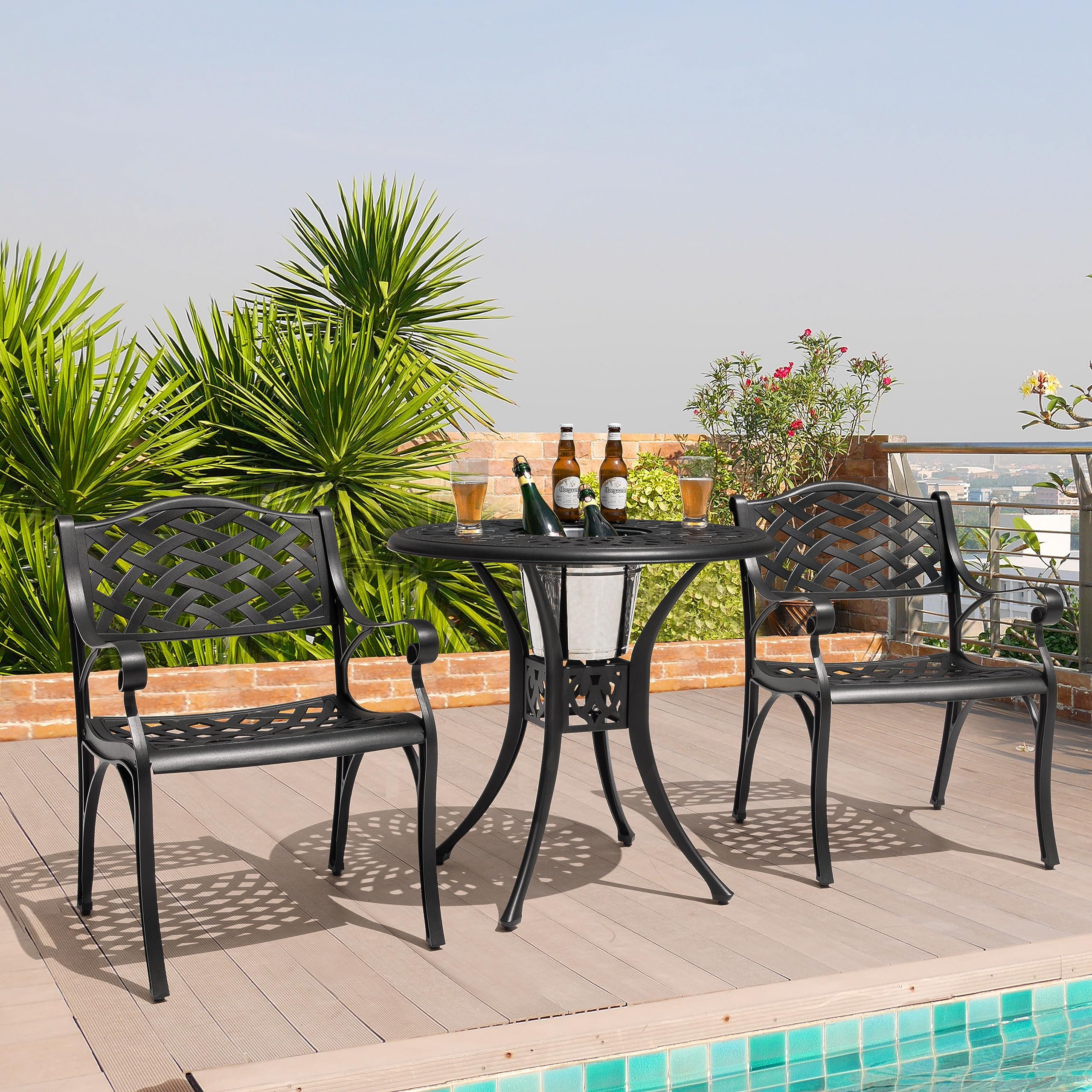 NUU GARDEN 3-Piece Outdoor Bistro Set - Rustproof Cast Aluminum Table & Chairs with Umbrella Hole - Perfect for Backyard, Patio, Balcony, Garden or Front Porch - Ideal for Outdoor Dining, Relaxing & Entertaining (Black)