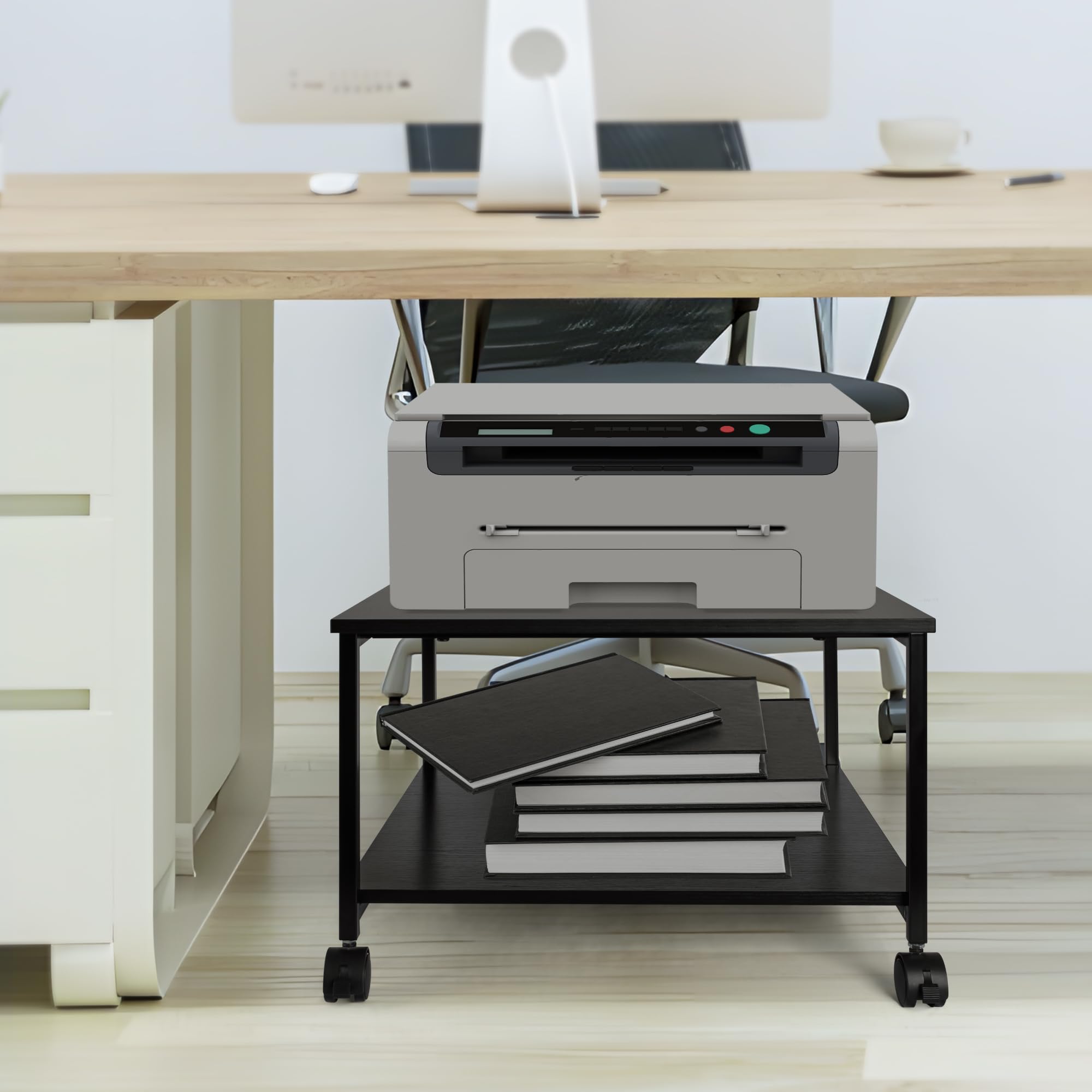 EMERIT 2-Tier Under Desk Printer Stand with Storage - 19.5x19.5x12.8 Inch Heavy Duty Rolling Cart, Mobile Printer Table with Lockable Wheels for Home Office Organization - Industrial Style Workspace Solution for Laser/Inkjet Printers, Scanners and Office Supplies