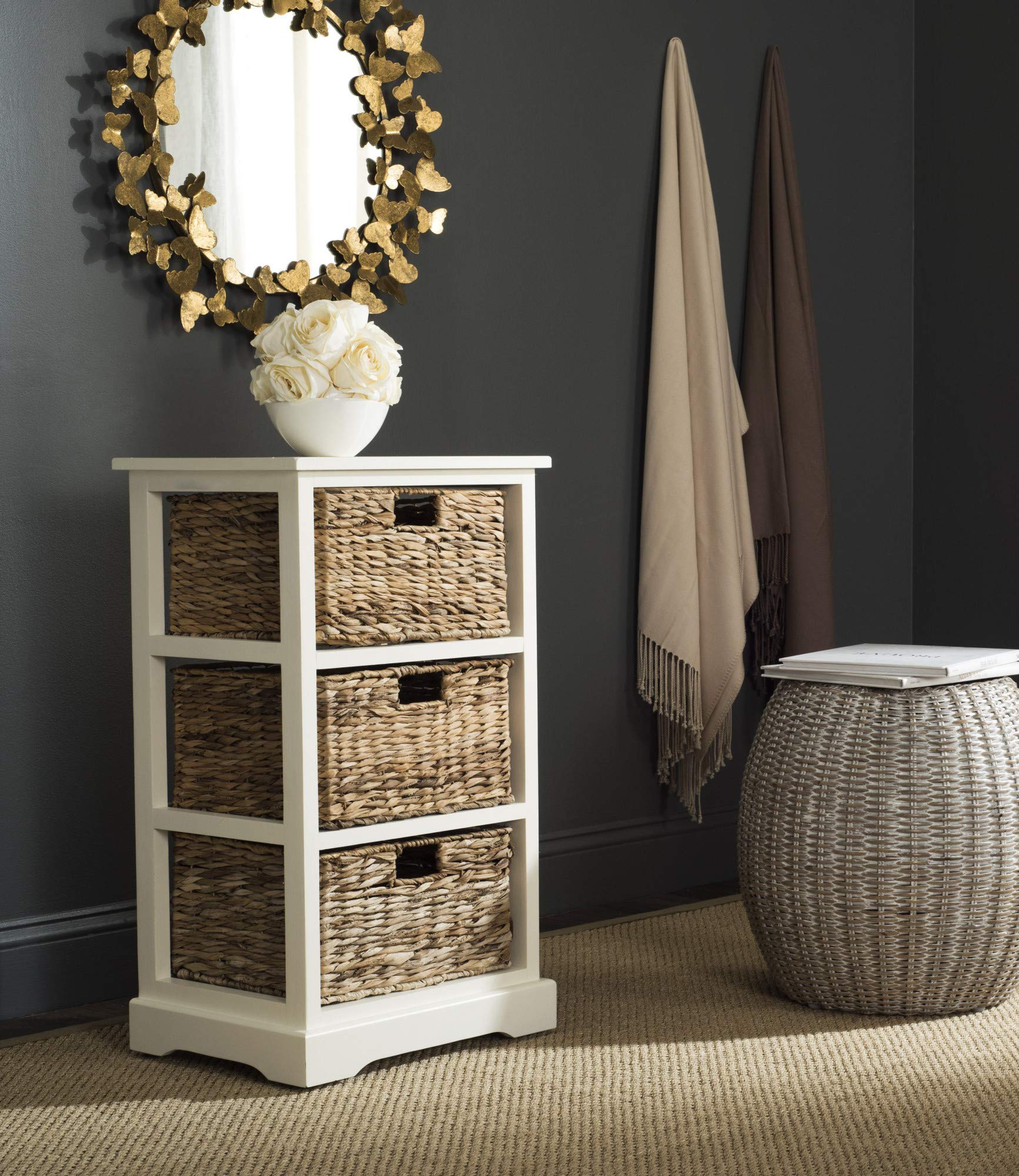 SAFAVIEH American Homes Collection Halle Distressed Black 3-Tier Wicker Basket Storage Side Table - Rustic End Table for Living Room, Bedroom & Patio Decor