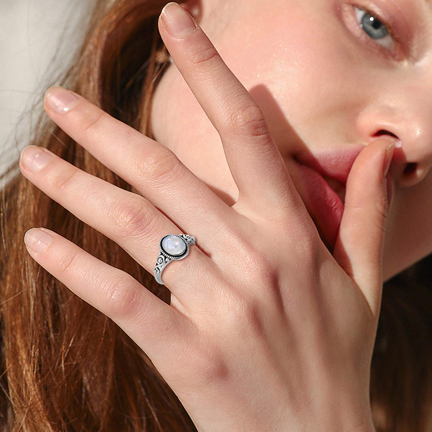 PEIMKO Victorian Style Sterling Silver Moonstone Ring for Women - Oval Retro Moonstone Jewelry - Perfect for Weddings, Parties & Everyday Elegance