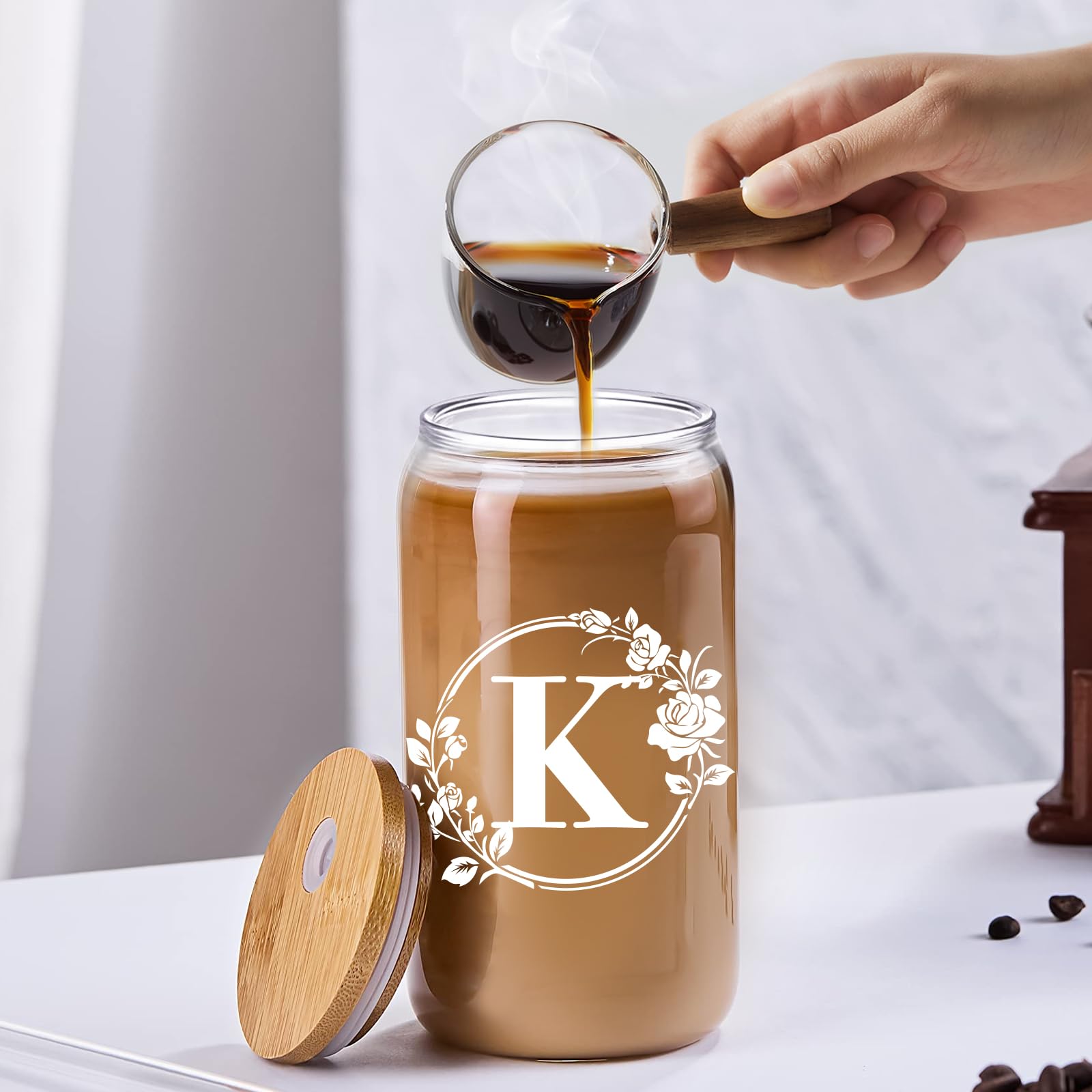 Personalized Monogrammed Initial 16oz Glass Cup with Lid & Straw - Custom Birthday & Christmas Gifts for Women - Iced Coffee & Beer Can Shaped Drinking Glass for Home, Office & Party Use