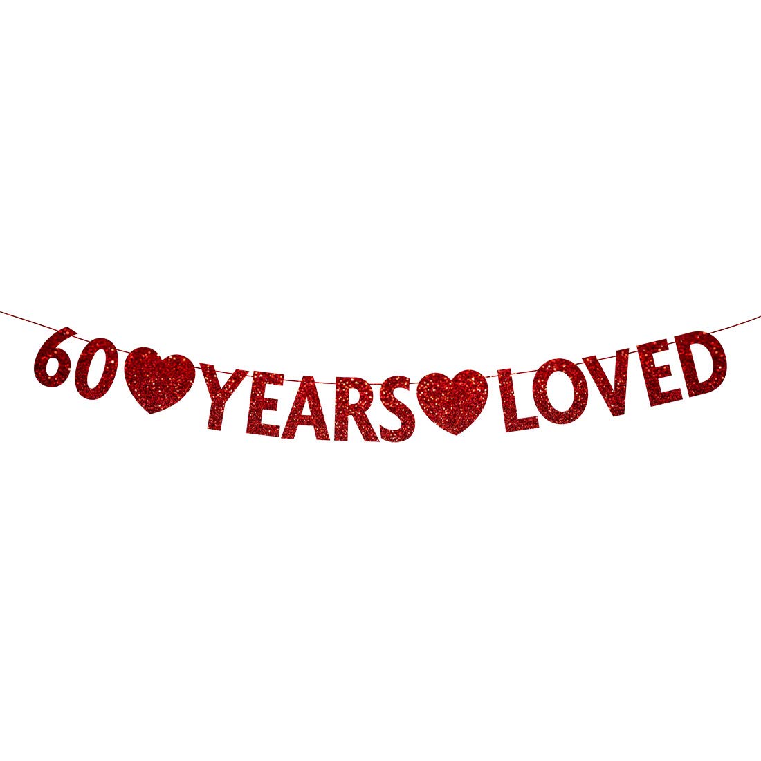 Red Glitter Happy 60th Birthday Banner - 60 Year Loved Party Decorations & Supplies for Anniversary Celebration, Backdrop, Photo Booth