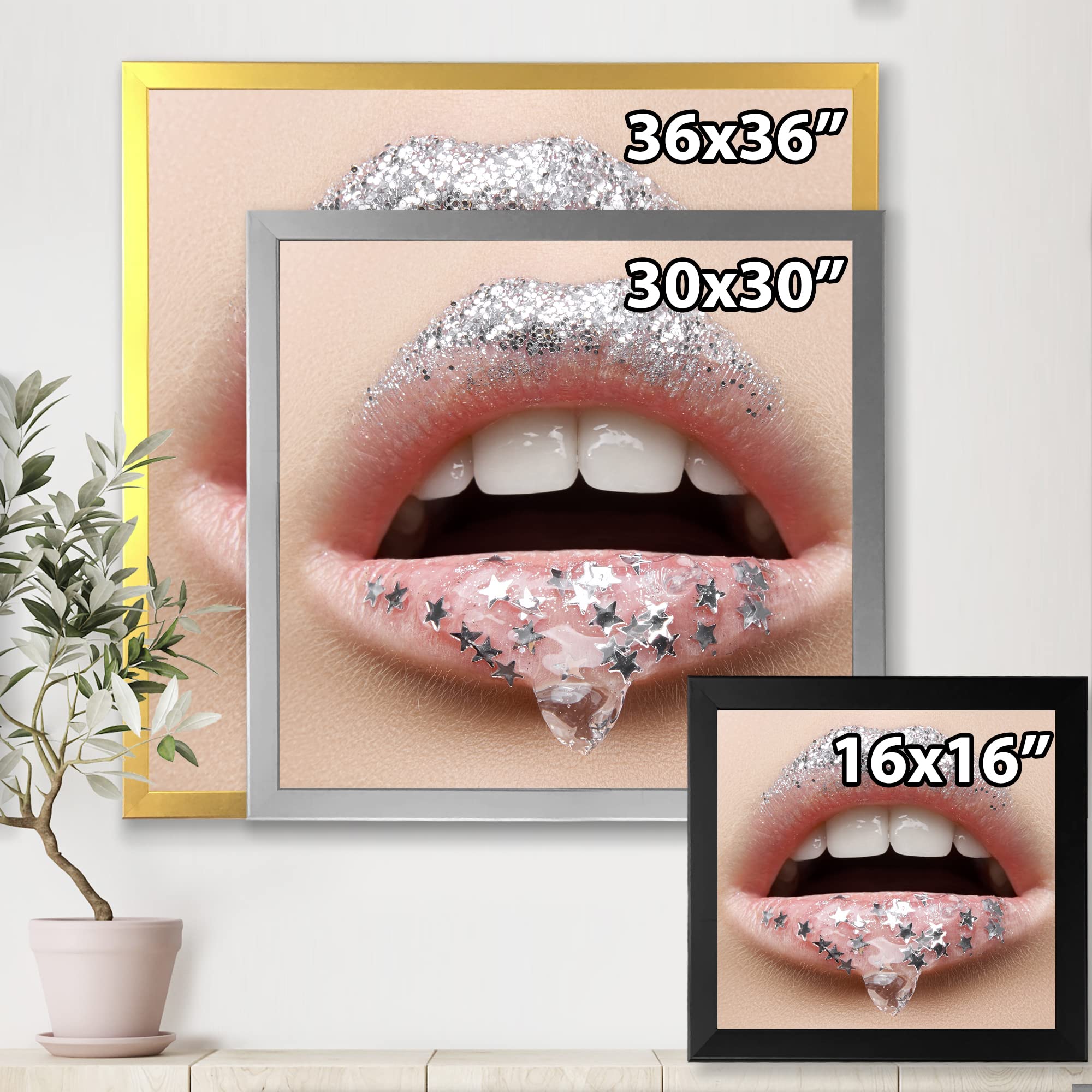 DesignQ Modern Framed Wall Art - Female Lips with Gel & Stars Decor for Living Room, Bedroom, or Office