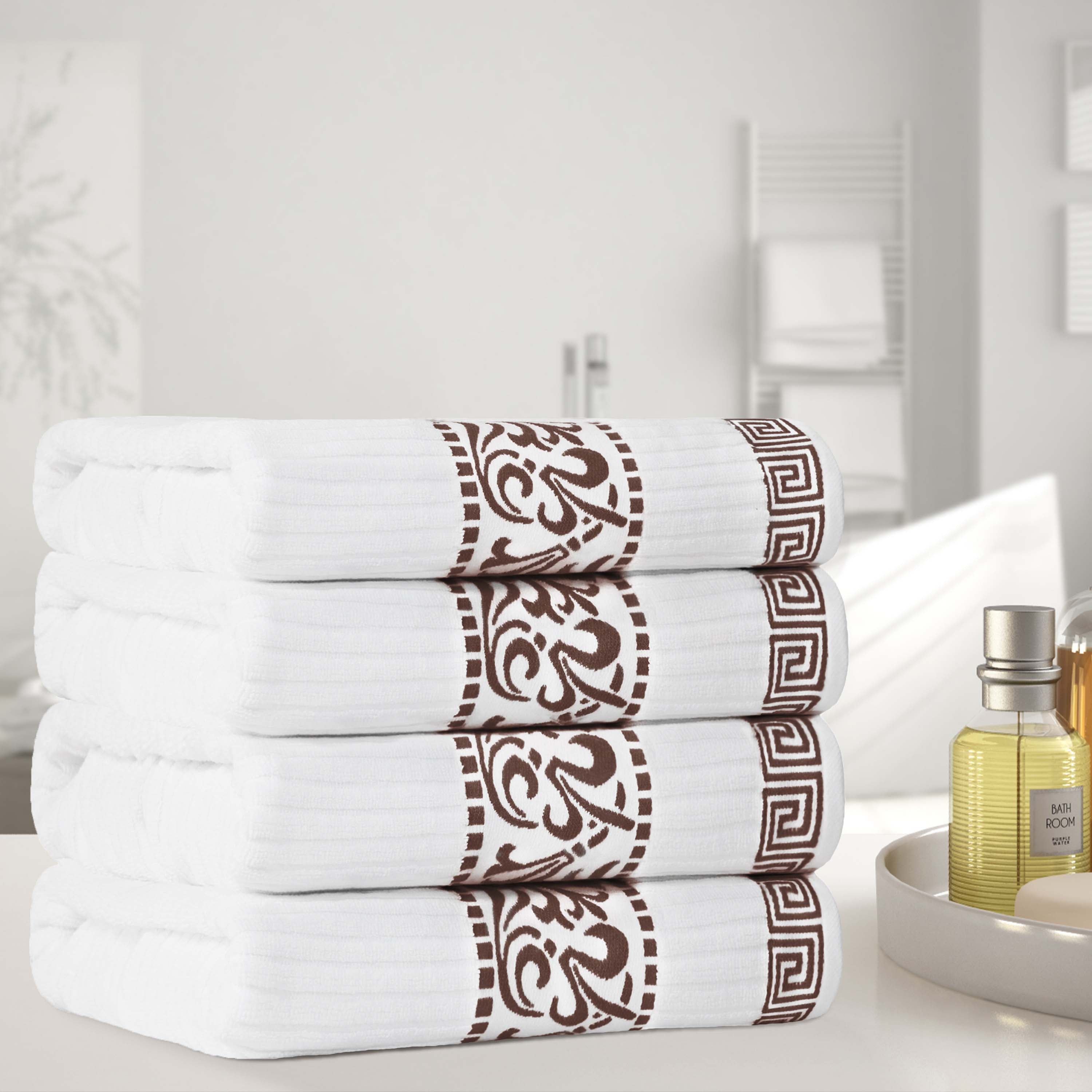 Premium Athens Cotton Greek Scroll & Floral 4-Piece Bath Towel Set - Soft & Absorbent for Spa, Bathroom & Guest Room Decor