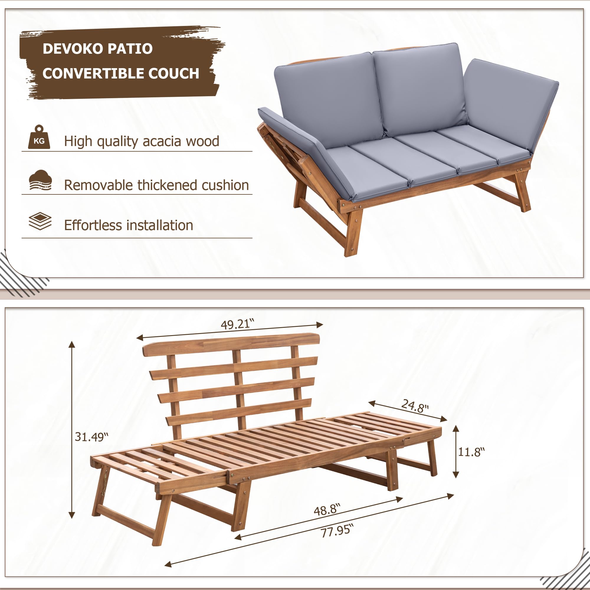 Devoko Outdoor Couch - Acacia Wood Patio Sofa with Adjustable Armrests & Removable Cushions - Convertible Lounge Furniture for Patio, Porch, Poolside, Garden (Grey) - Perfect for Relaxing, Sunbathing and Outdoor Entertaining