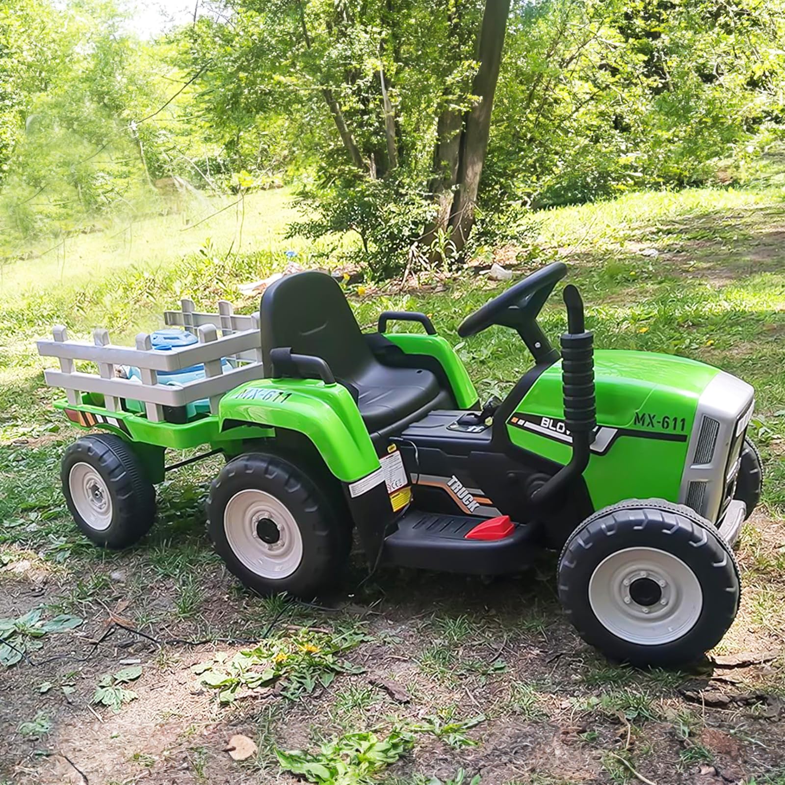 SEHOMY 12V Kids Electric Ride-On Tractor with Trailer - 25W Dual Motor Battery-Powered Toy Car with Parent Remote Control, 3-Speed Gear Shift, LED Lights & Music - Green Power Wheels for Boys & Girls | Outdoor Play, Backyard Fun, Birthday Gift for Toddlers Ages 2-5 Years