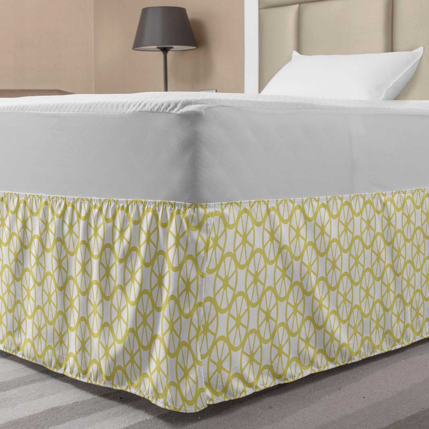 Ambesonne Wheels Elastic Bed Skirt - Modern Bicycle Wheel Abstract Print Dust Ruffle, Full Size Yellow & White Wrap Around Bedskirt for Bedroom Decor | Perfect for Guest Rooms, Dormitories & Master Bedrooms