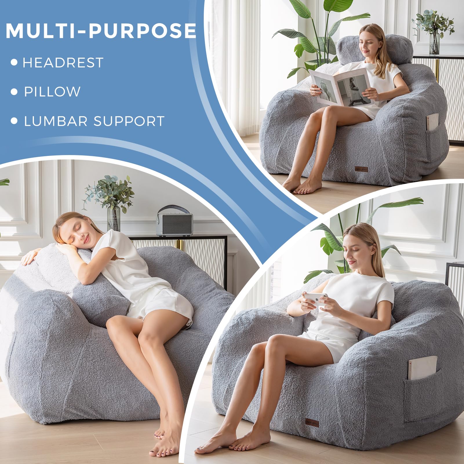 MAXYOYO Oversized Fuzzy Bean Bag Chair with Pillow - Extra Large Comfy Lounger for Adults & Teens - Perfect for Reading Nook, Gaming Room, Movie Night & Dorm Relaxation - Soft Grey Fabric