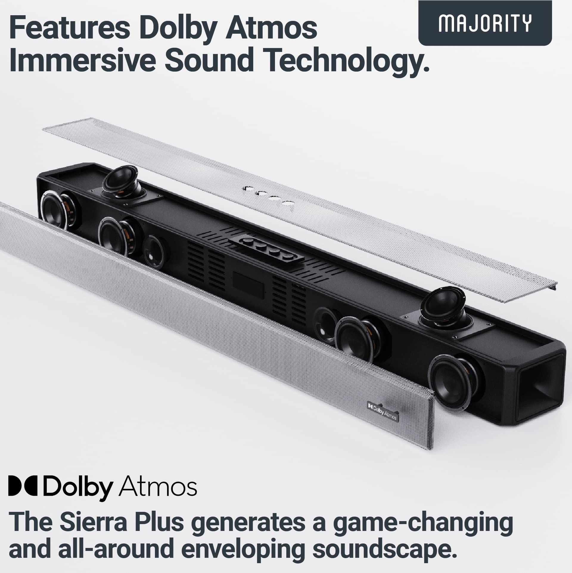 Majority Sierra 2.1.2 Dolby Atmos Soundbar with Wireless Subwoofer - 400W Powerful TV Sound Bar for Home Theater | 3D Audio with Up-Firing Atmos Speakers | HDMI ARC, Bluetooth, USB & AUX | Perfect for Movie Nights & Gaming Setup