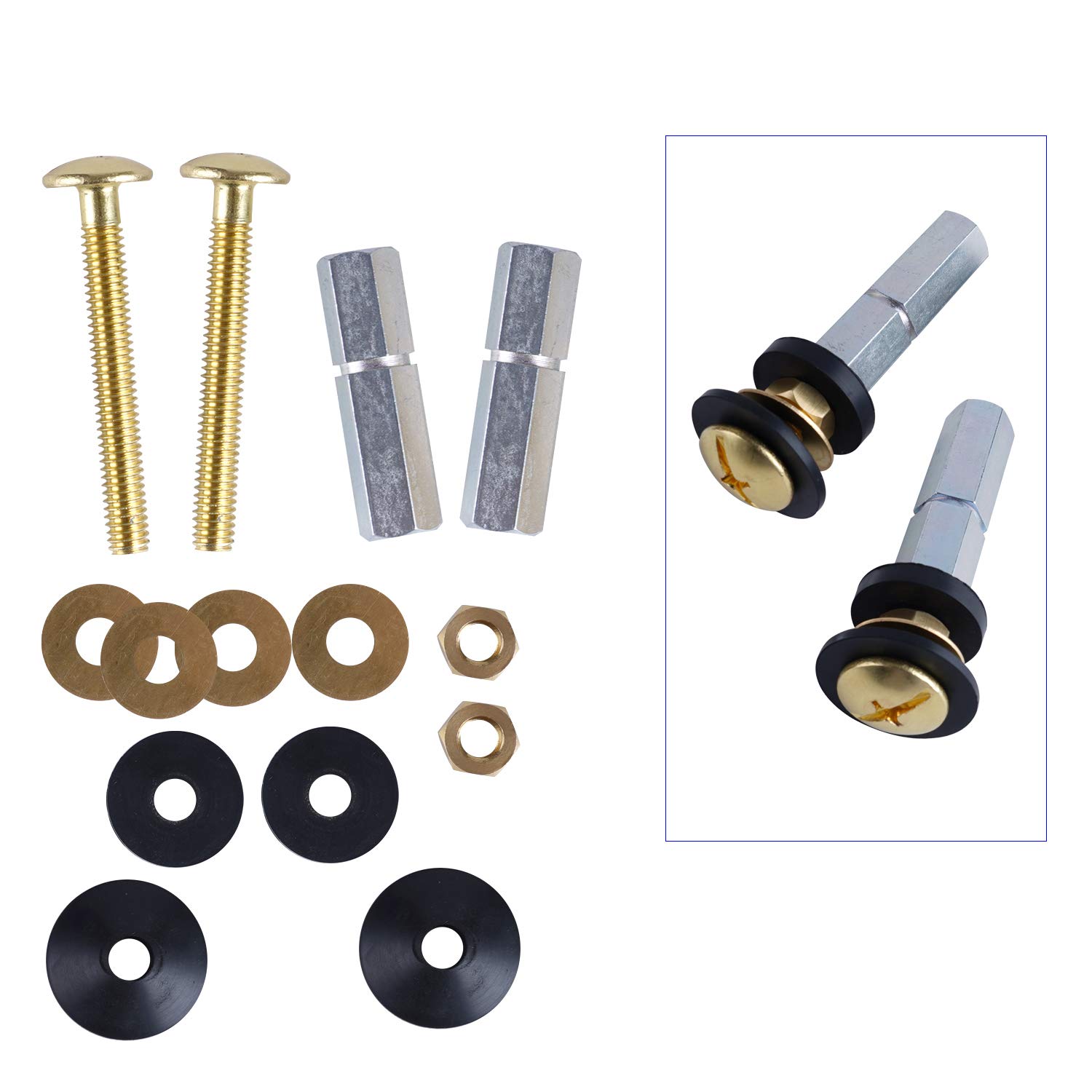 Hibbent 2 Pack Heavy Duty Toilet Tank to Bowl Bolt Kits - Solid Brass Bolts with Extra Long Nuts & Double Gaskets for Secure Fastening - Easy Installation for Toilet Repair & Maintenance