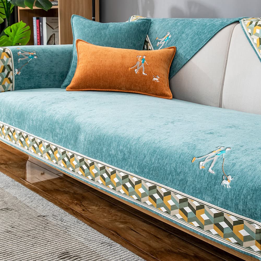 QUNLIPAI Non-Slip Plush Chenille Sofa Cover - Soft Couch Cover & Seat Protector for Living Room, Corner Sofa (45x45cm, Cyan) - Perfect for Home Decor, Pet-Friendly Furniture Protection & Cozy Relaxation