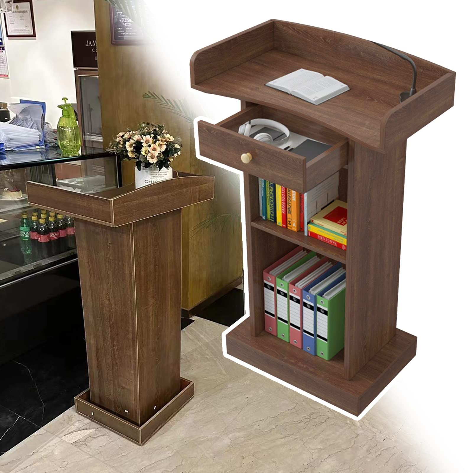 Wooden Lectern Podium Stand - Heavy Duty Floor Standing Pulpit for Church, School, Office & Restaurant - Compact Design with Drawer - 120cm Height - Perfect for Speeches, Presentations & Ceremonies