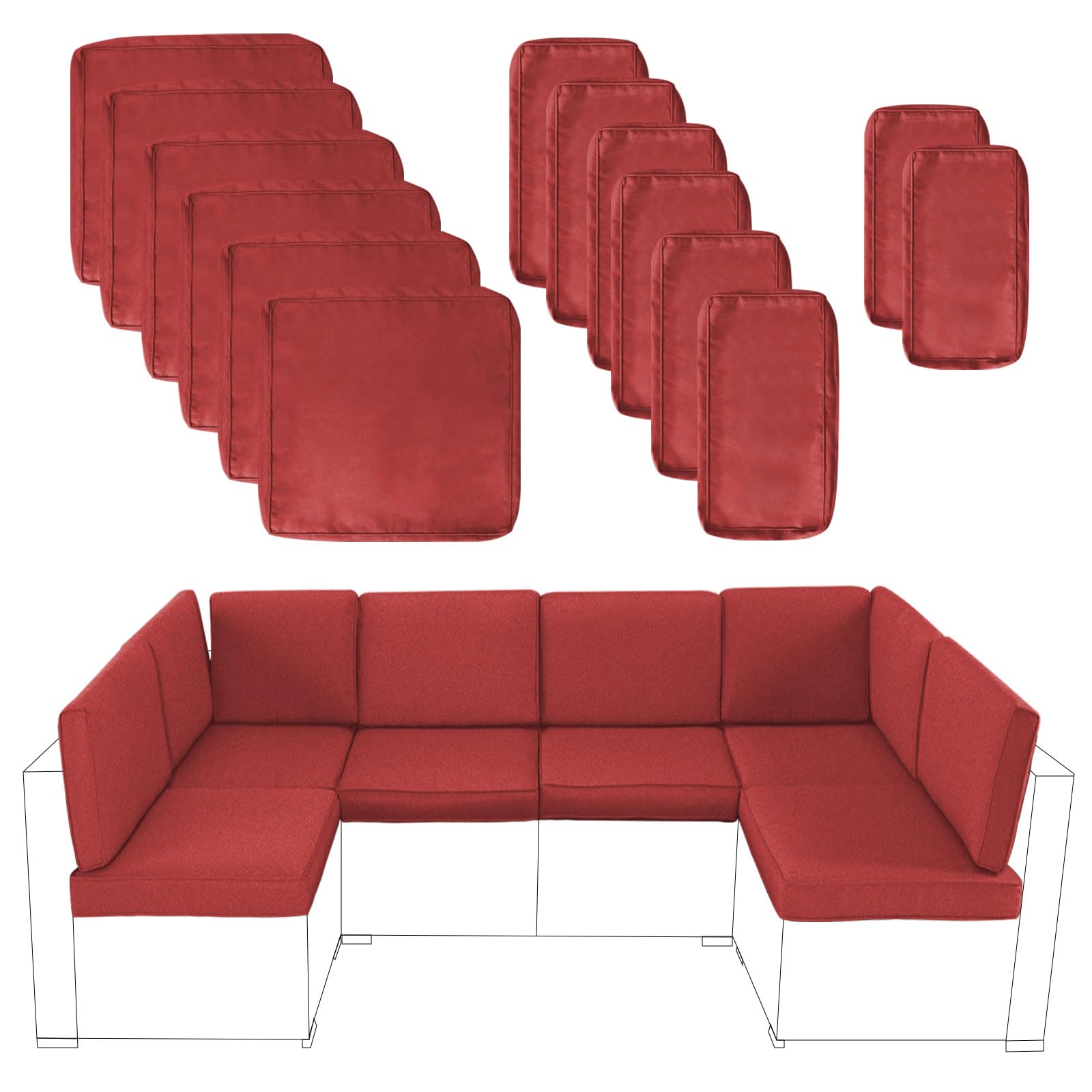 Betterland 14-Piece Water Resistant Outdoor Cushion Covers Set - Durable Patio Sofa & Couch Replacement Slipcovers (Red) - Perfect for Backyard, Deck, Poolside & Garden Furniture Protection