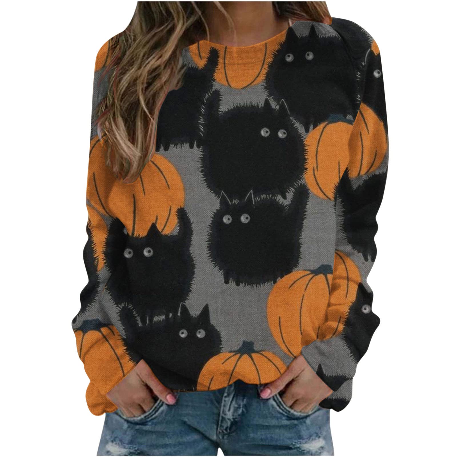 BmkBWO Women's Long Sleeve Pumpkin Print Blouse - Crewneck Loose Casual Pullover Top for Fall Fashion | Perfect for Autumn Outings, Office Wear & Weekend Relaxation