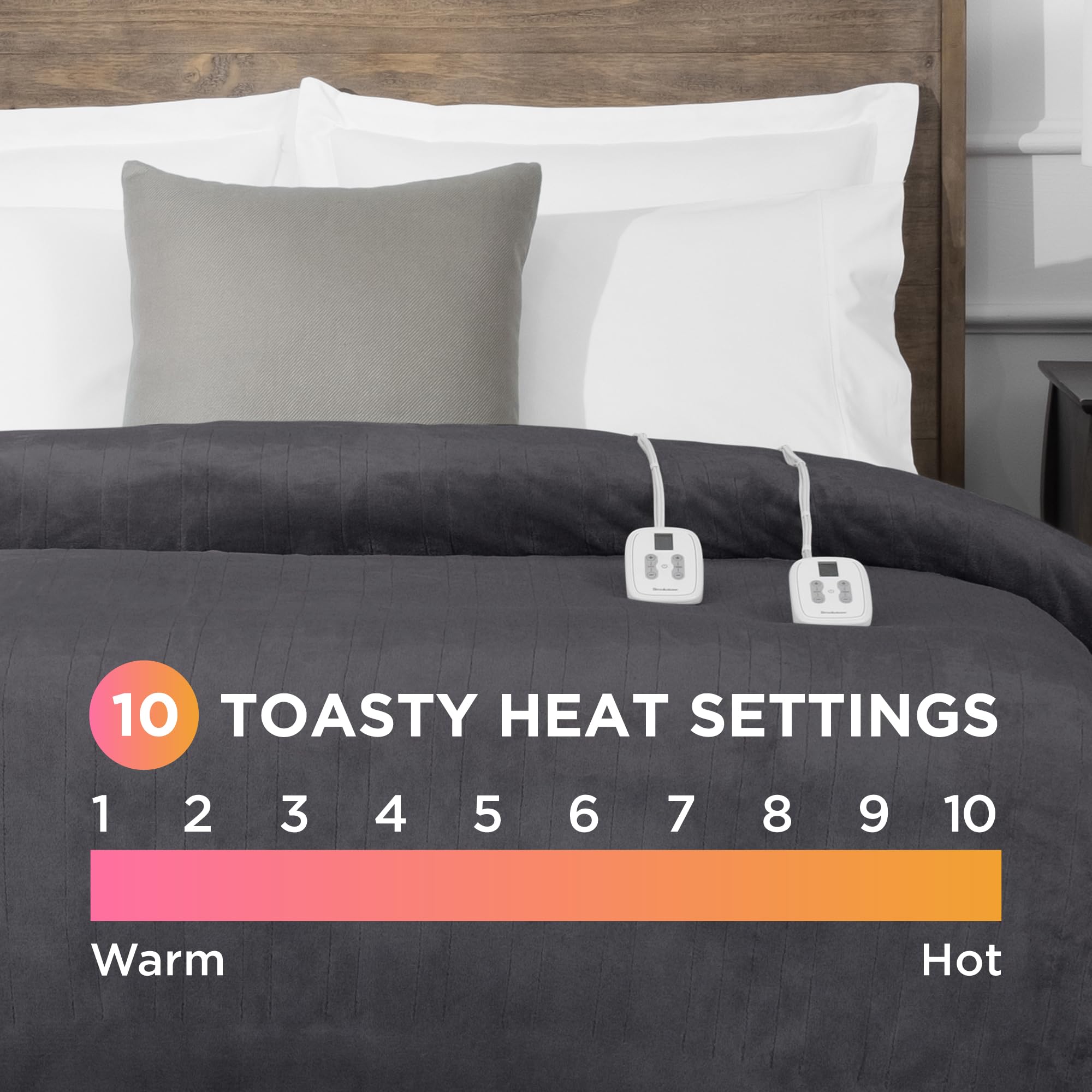 Brookstone Electric Heated Plush Blanket - 10 Adjustable Heat Settings & Timer, 12-Hour Auto Shut Off - Machine Washable Queen Size (84x90 inches) - Soft Polyester Velvet Throw Blanket in Gray - Perfect for Bed, Couch & Winter Warmth