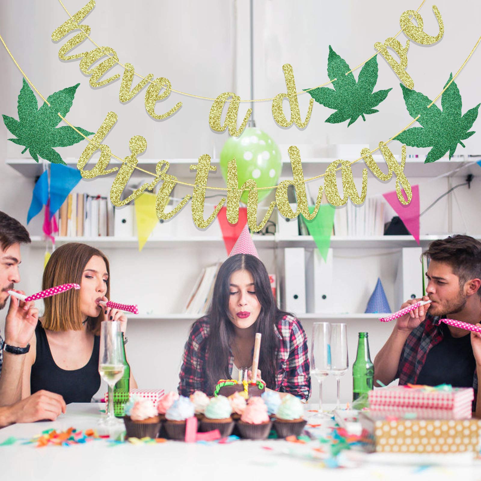 420 Birthday Banner - Weed Leaf Theme Party Decor with Glitter Flakes for 21st Birthday, Cannabis Celebration Supplies | Perfect for Stoner Parties, 420 Events & Themed Gatherings