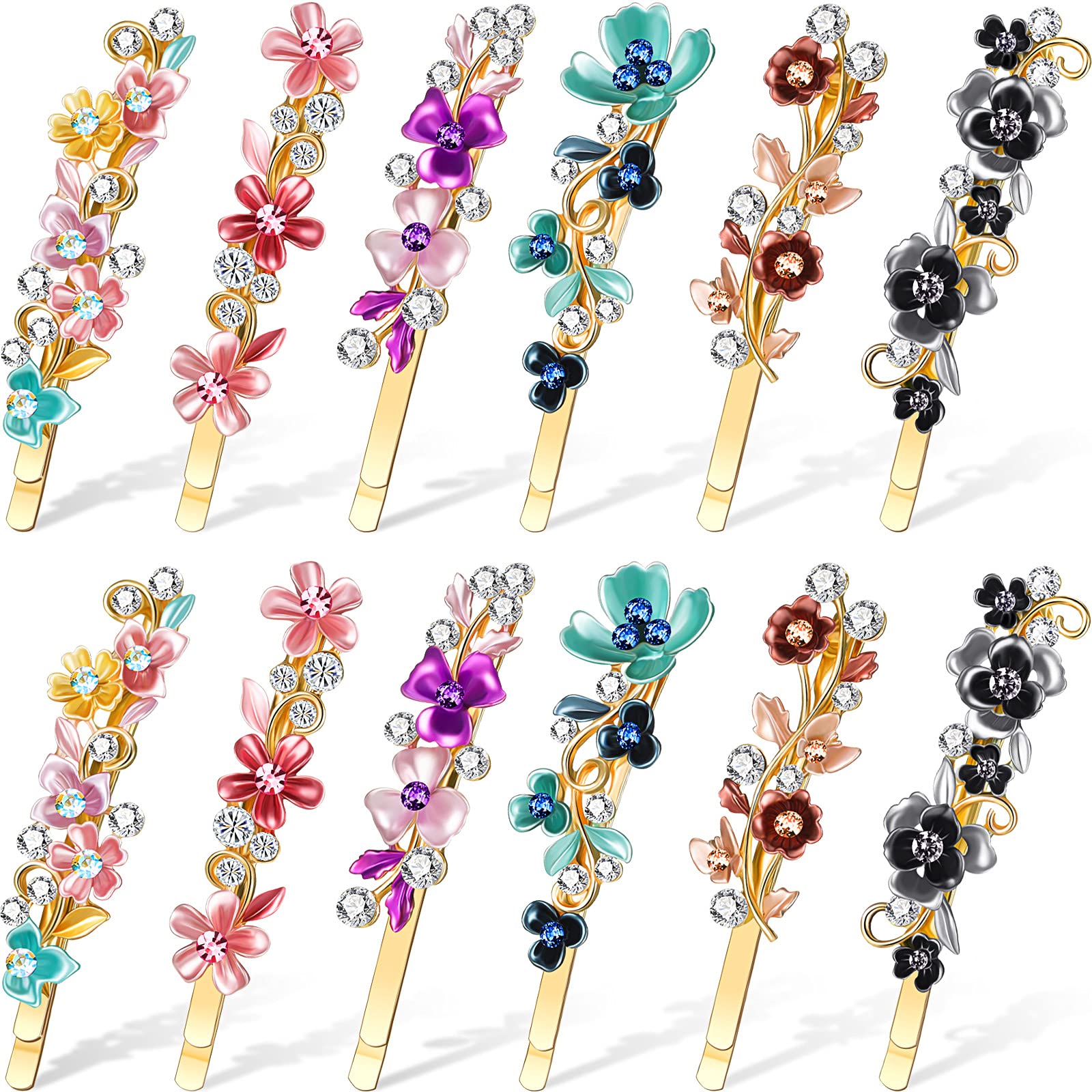 Vintage Flower Hair Pins for Women - 12 Pack Gold Tone Floral Bobby Pins with Rhinestones, Decorative Hair Clips for Women & Girls | Perfect for Weddings, Parties & Everyday Hair Styling