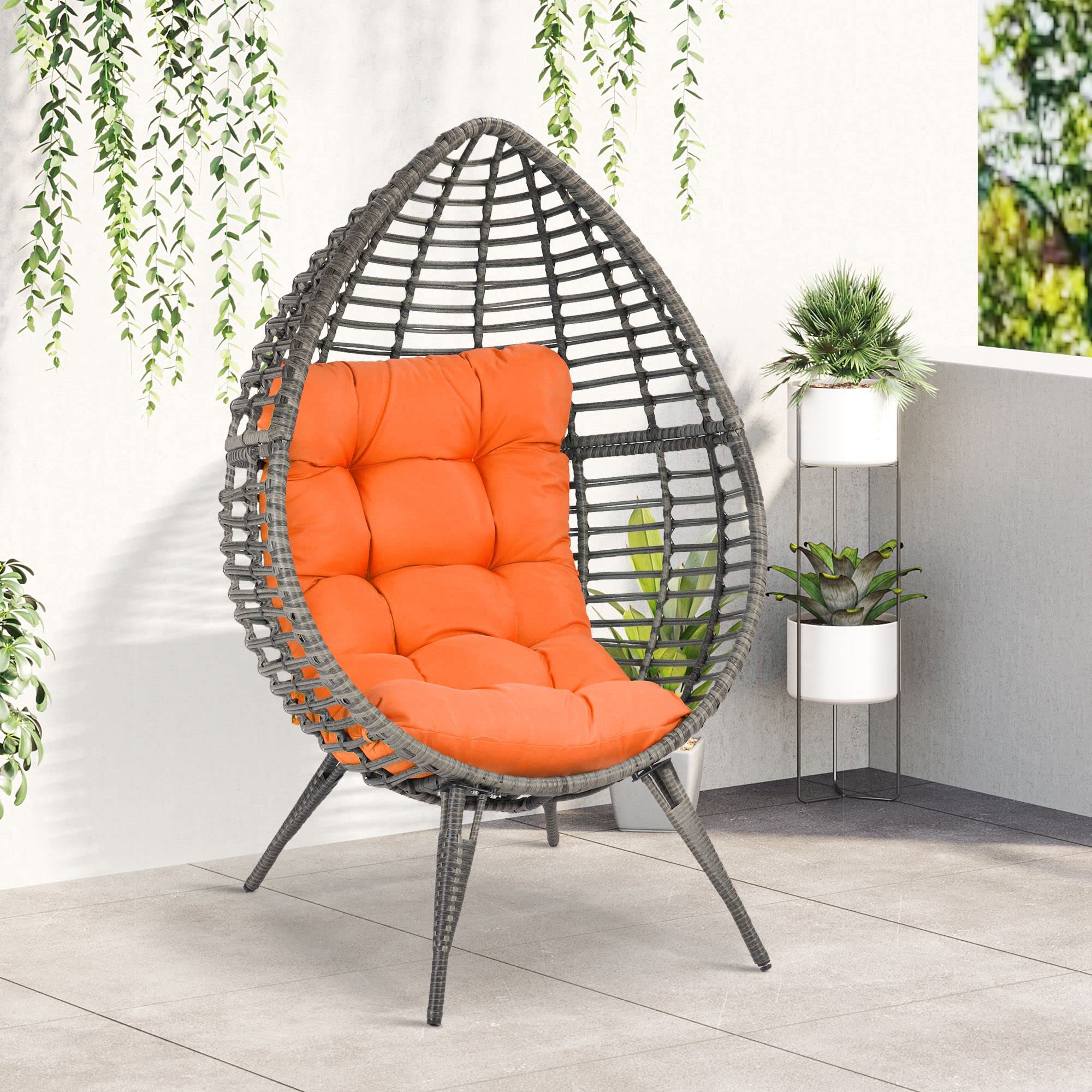Outsunny Orange PE Wicker Egg Chair with Soft Cushion - Adjustable Height Teardrop Patio Chair for Indoor/Outdoor Use - Perfect for Porch, Garden, and Living Room Relaxation