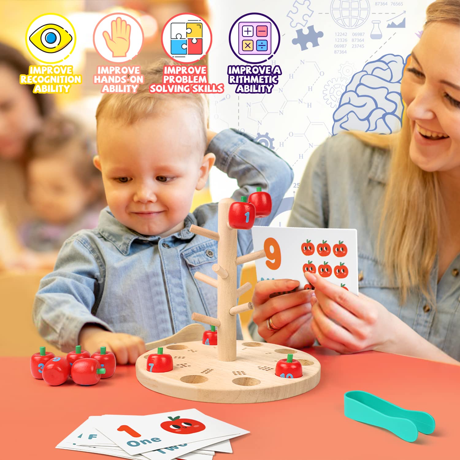 Montessori Math Toy Tree for Kids 3-6 - Counting Game with Tweezer & Spoon for Preschool Learning