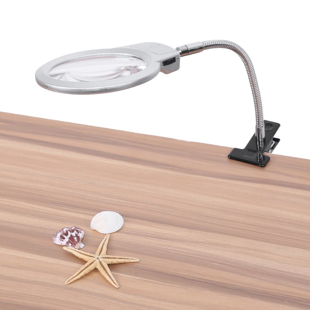 LED Magnifying Desk Lamp with 2.25X & 5X Magnification - Adjustable Swing Arm Lighted Magnifier with Metal Hose Clamp for Reading, Crafts, Jewelry Making and Precision Work
