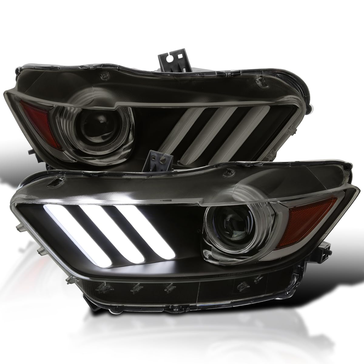 Spec-D Tuning Black Smoke Projector Headlights with LED Sequential Switchback Turn Signals & Startup Animation - Compatible with 2015-2020 Ford Mustang (Left+Right Pair) - Upgrade Your Ride for Night Driving & Car Shows