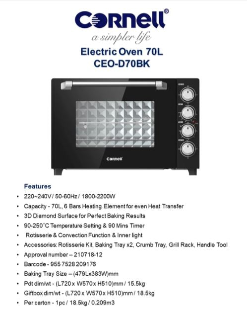 Cornell CEOD70BK 70L Double Glass Electric Oven with Rotisserie & Convection Function - Perfect for Baking, Roasting, and Grilling at Home