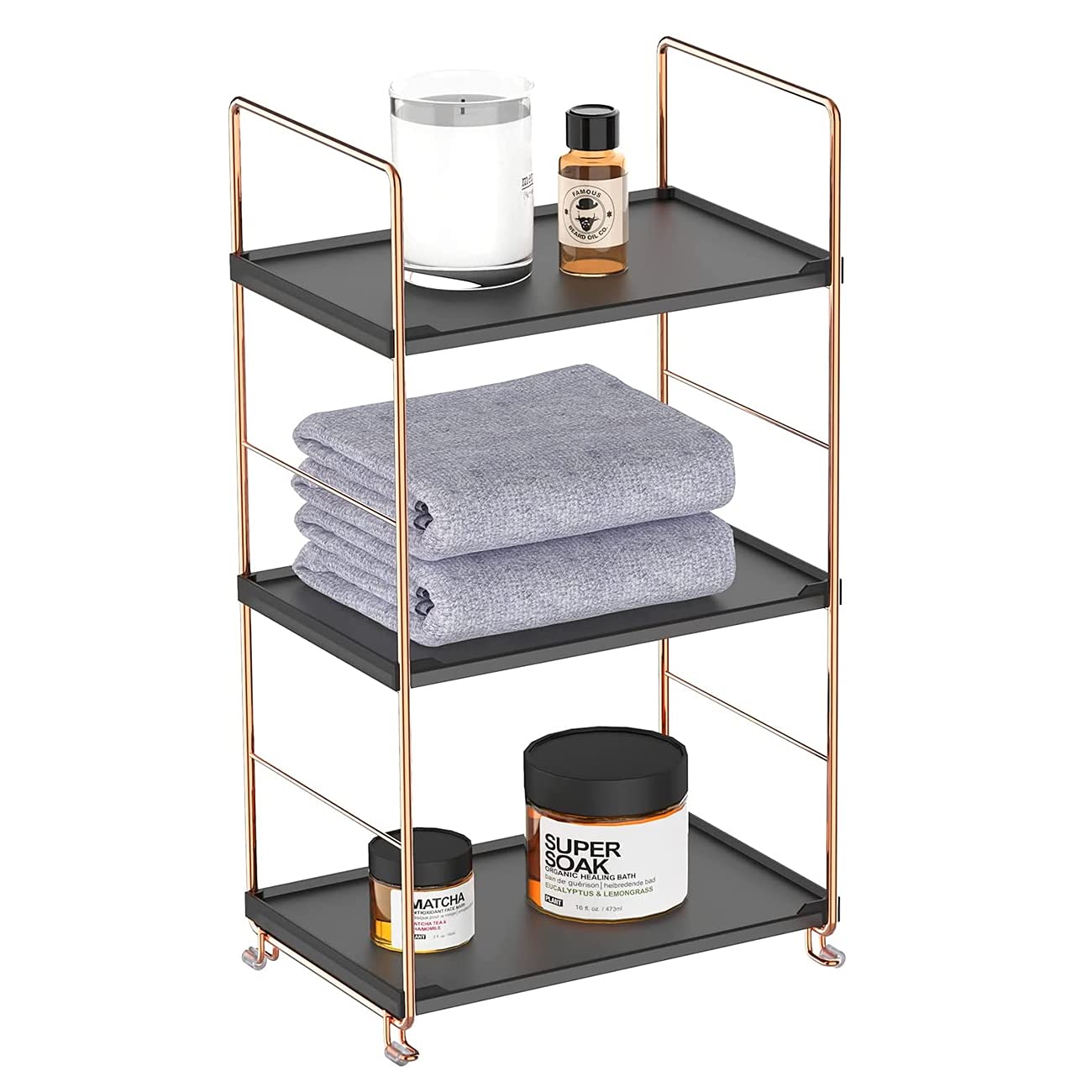 3-Tier Stackable Organizer Shelf - Plastic & Metal Freestanding Storage Rack for Bathroom, Kitchen Countertop, Spices & Cosmetics (Rose Gold/Black) | Space-Saving Home & Office Organization Solution