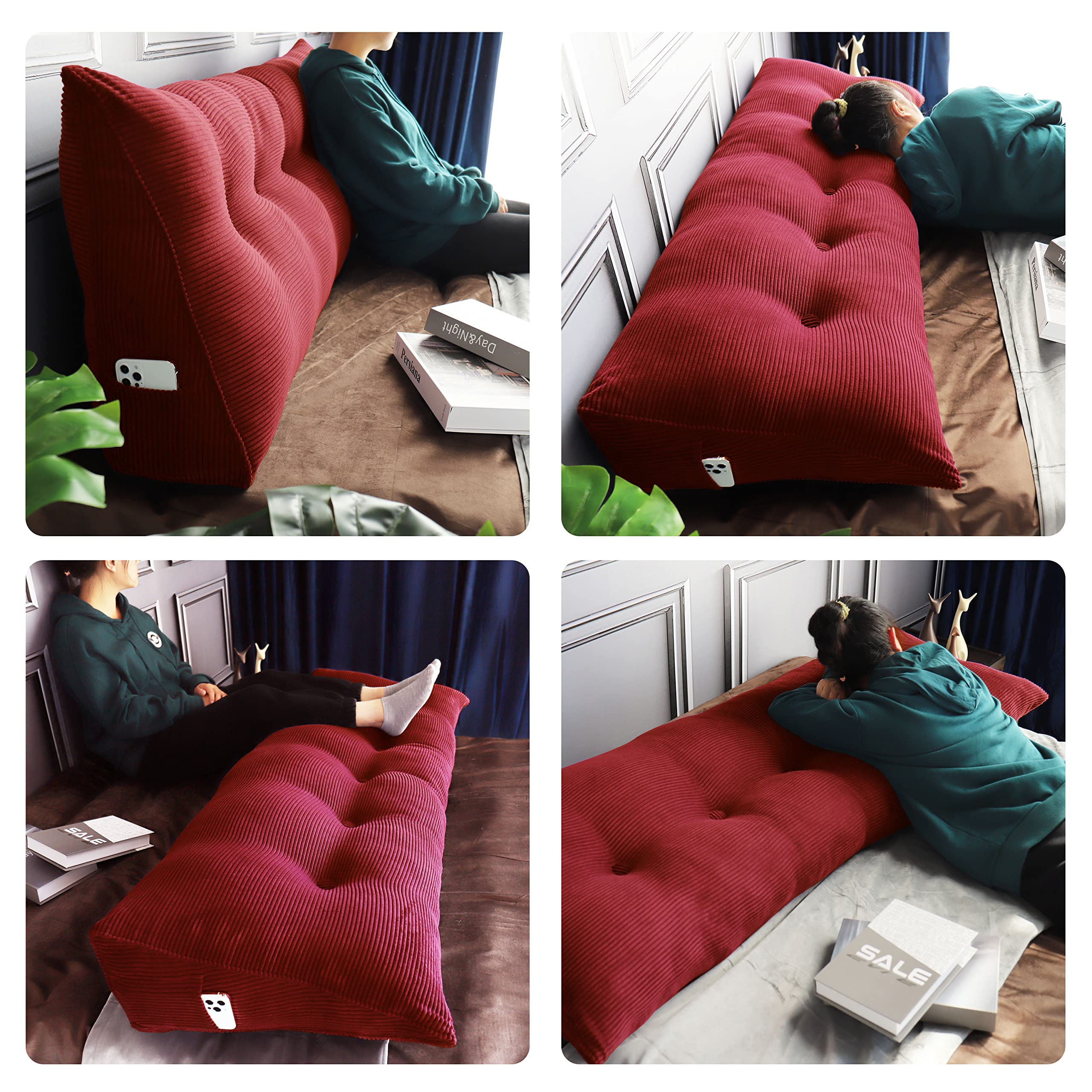 WOWMAX Wedge Body Pillow for Reading & Bedrest - Large Lumbar Support Cushion with Removable Corduroy Cover (Red, 76x8x20 Inch) - Perfect for Daybeds, Sofas & Back Pain Relief