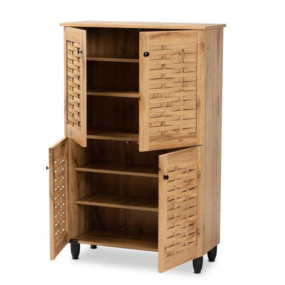 BOWERY HILL Modern Oak Brown Finished Wood 4-Door Shoe Storage Cabinet - Organize Shoes Neatly in Entryway, Closet or Bedroom