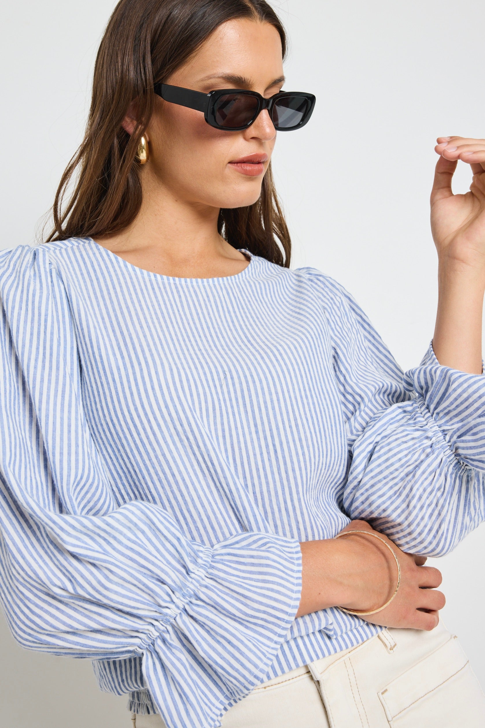 Imagine Blue Stripe Shirred Back Long Sleeve Top for Women | Casual & Chic Blouse for Everyday Wear | Perfect for Office, Dates & Outings