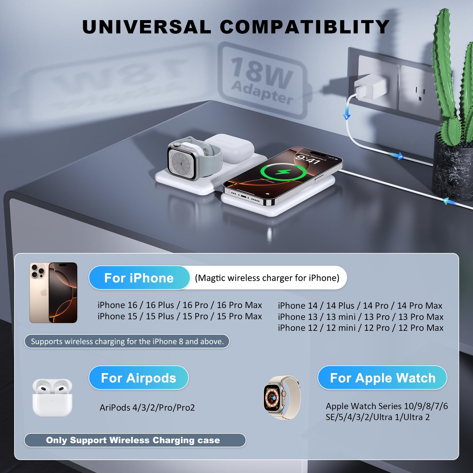 3-in-1 Wireless Charging Station for iPhone 16/15/14/13/12 Pro Max, AirPods 4/3/Pro & Apple Watch - Fast Qi-Certified Travel Charger for Multiple Apple Devices | Perfect for Home, Office & Travel Use