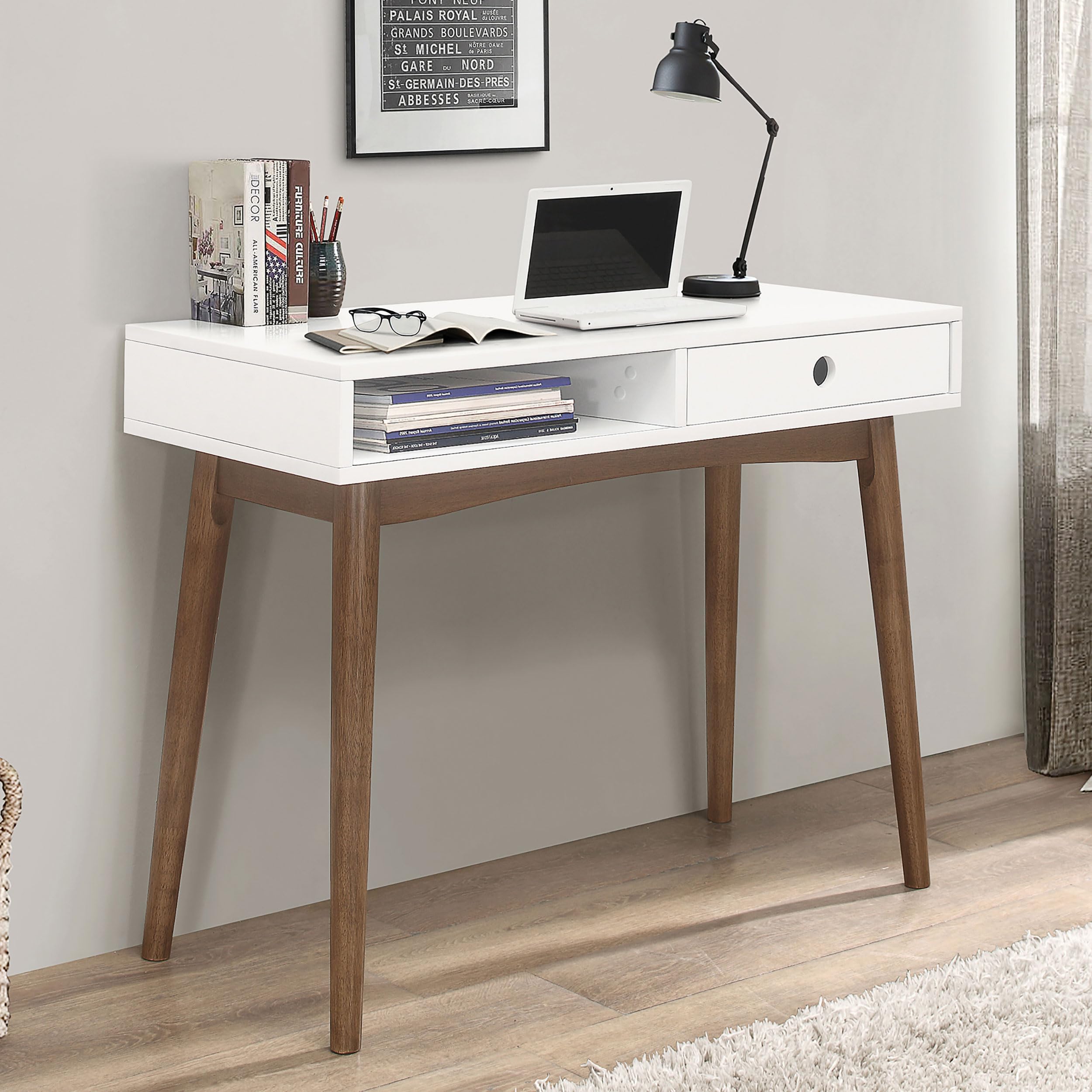 Coaster Furniture Bradenton 1-Drawer White & Walnut Writing Desk 801931 - Perfect for Home Office, Study Room & Small Spaces