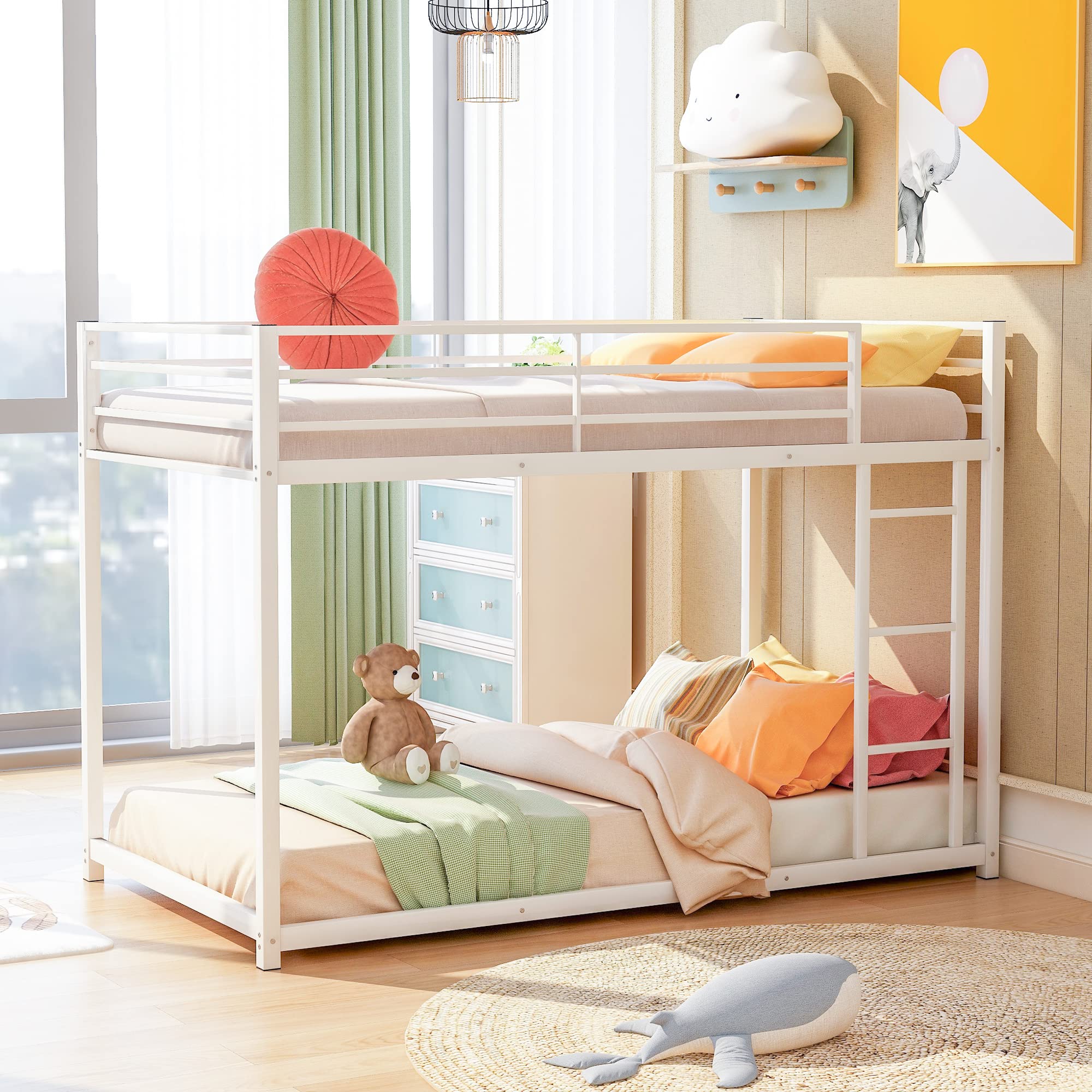 Junior Twin Over Twin Metal Bunk Bed Frame - Low Profile Heavy Duty Kids Bunk Bed in White | Space-Saving Sleep Solution for Siblings, Sleepovers & Small Bedrooms