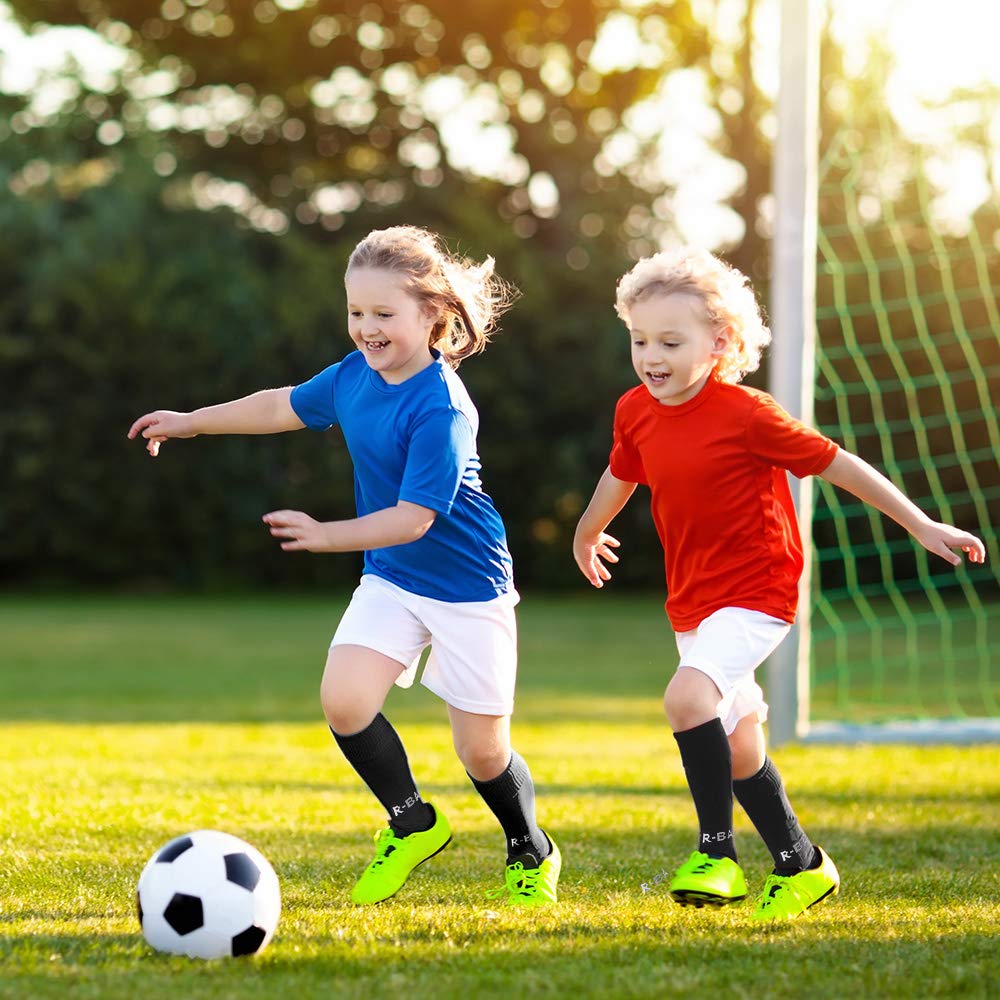 XCOZU Black Football Socks for Kids - Breathable Sports Training Socks for Soccer, Hockey, Rugby & Running - Comfortable Long Tube Socks for Boys & Girls (Toddler/Kids) - Perfect for School PE, Team Sports & Outdoor Activities