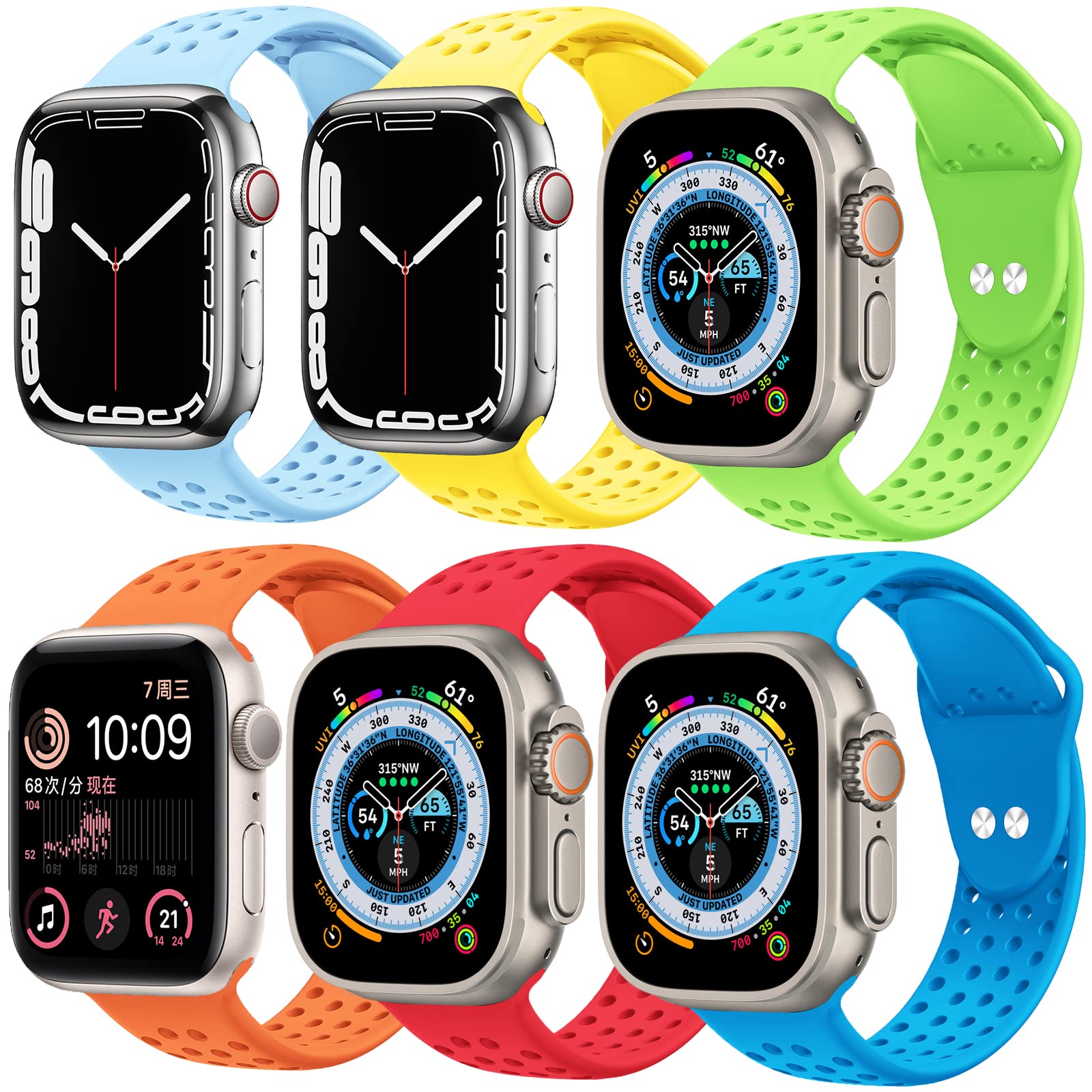 FENICHI 6 Pack Sport Bands for Apple Watch 38mm 40mm 41mm 42mm 44mm 45mm 49mm - Soft Silicone Waterproof Replacement Straps Compatible with iWatch Series 8/7/6/5/4/3/2/1/SE/Ultra - Perfect for Gym, Running, Swimming & Daily Wear (Men & Women)