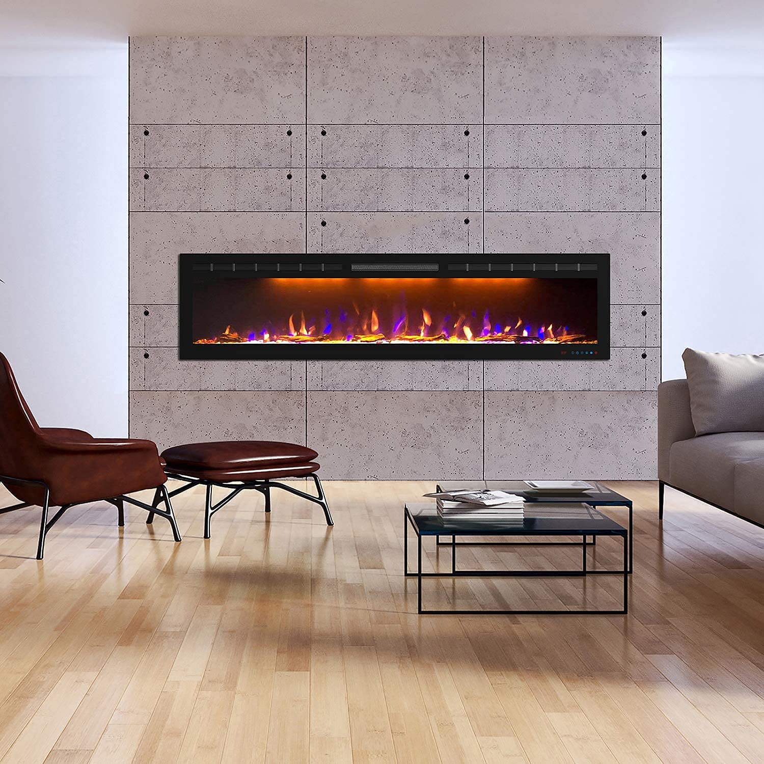 72 Inch Ultra Slim Electric Fireplace - Recessed & Wall Mounted with Multicolor Flame - Log & Crystal Hearth Options - 1500W/750W Heater with Remote Control & Touch Screen - Timer - Perfect for Living Room, Bedroom, or Office
