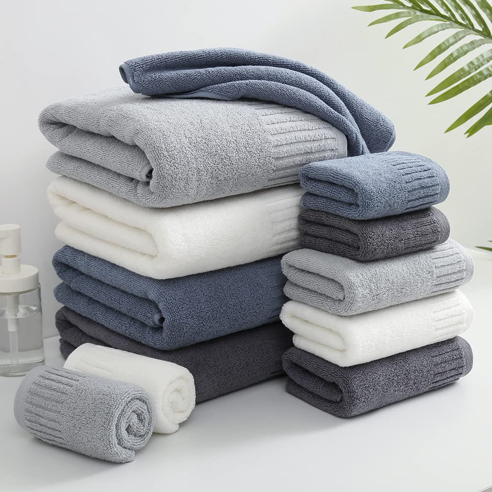 YiLUOMO Blue Bath Towel Set - 100% Cotton, Ultra Soft & Highly Absorbent (3-Piece) | Luxury Spa, Beach & Home Bath Essentials