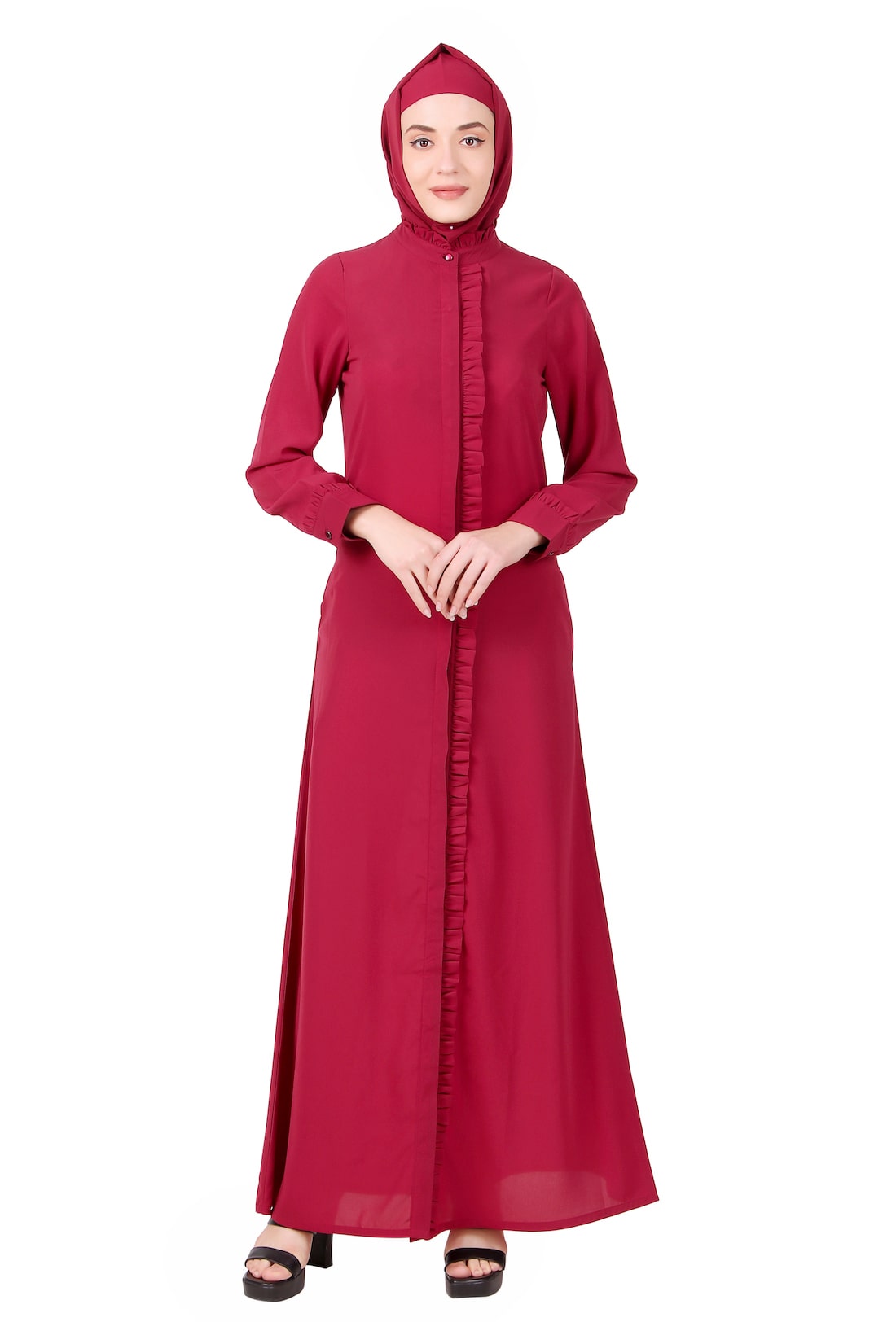 Elegant Full Front Open Abaya with Frills on Placket - Modest Muslim Dress for Women - Perfect for Prayer, Eid, and Special Occasions