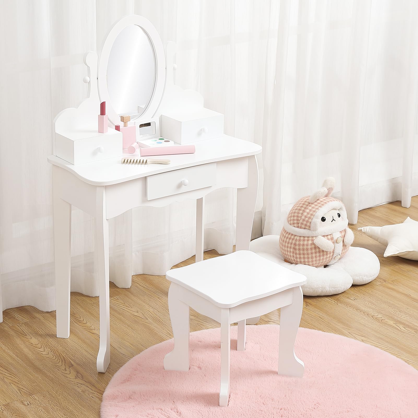 **White Wooden Kids Vanity Set with Mirror, Makeup Table & Stool - Princess Dress-Up Play Set for Girls Ages 4-9 - Perfect for Birthday Gifts, Pretend Play & Bedroom Decor**